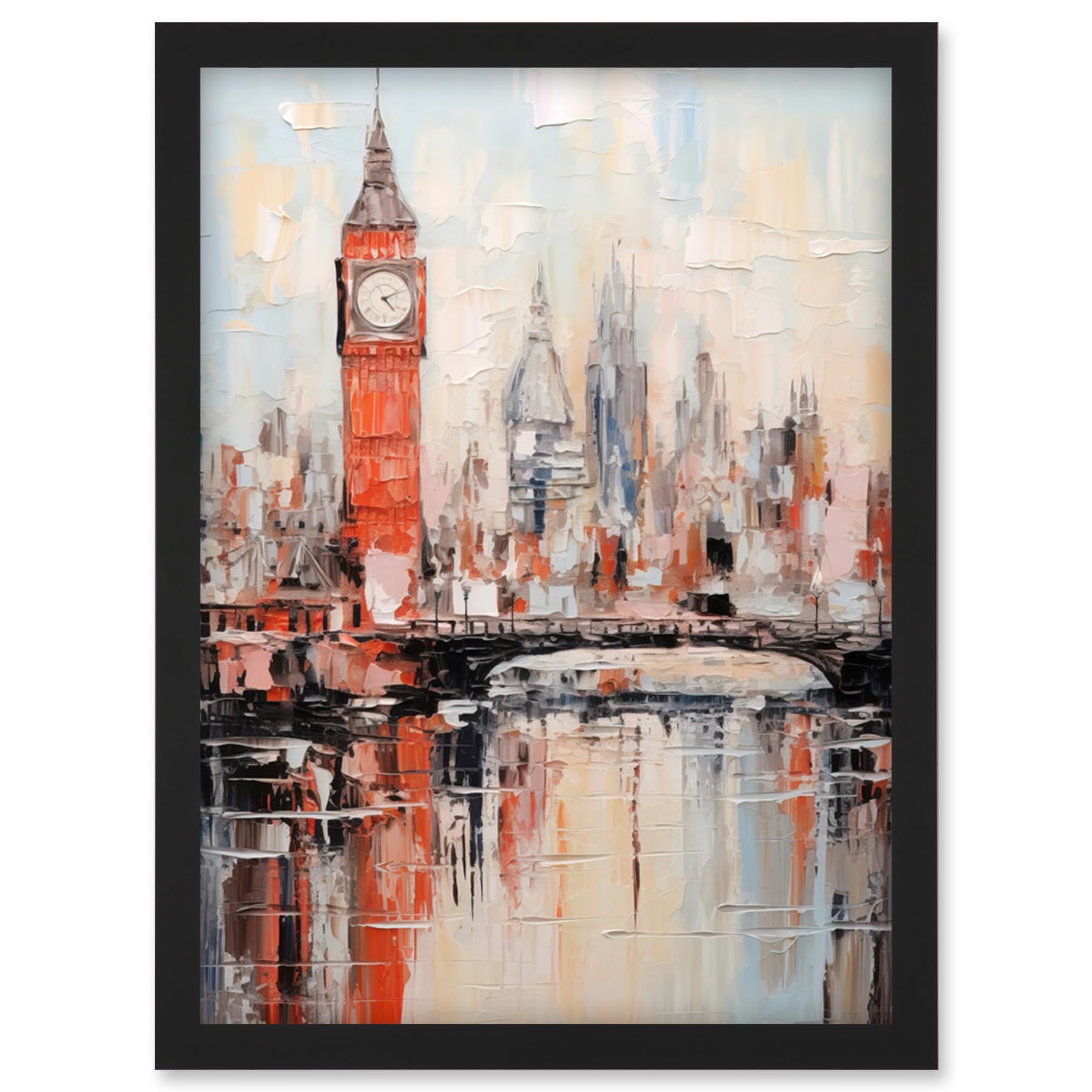 Artery8 London Skyline Abstract Oil Painting Thick Paint Red Big Ben River Thames Westminster Bridge England City Artwork Framed Wall Art Print A4
