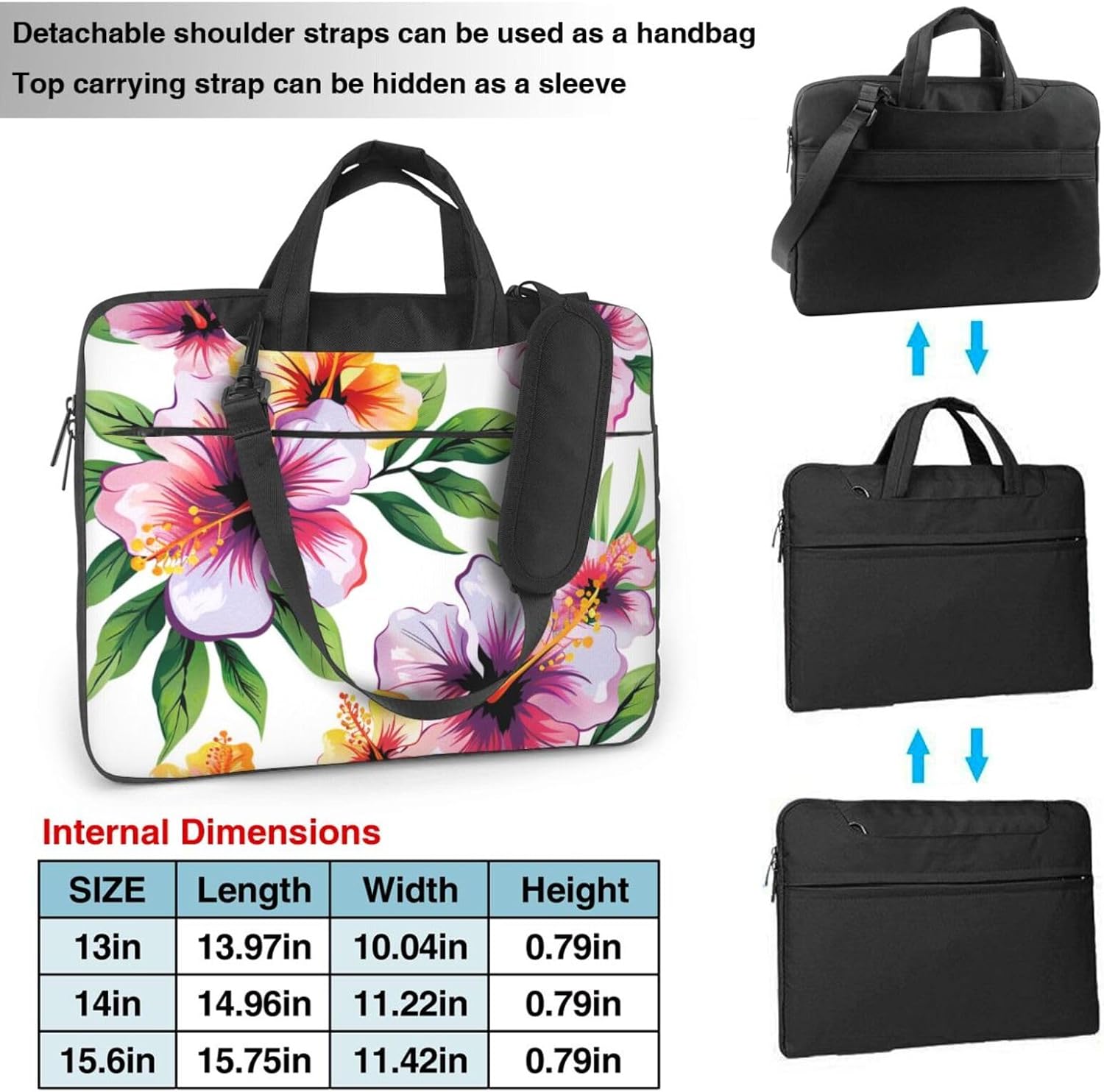 Hawaii Floral Print Laptop Bag, Three Layer Protection Shockproof Crossbody Laptop Shoulder Bag for Men and Women