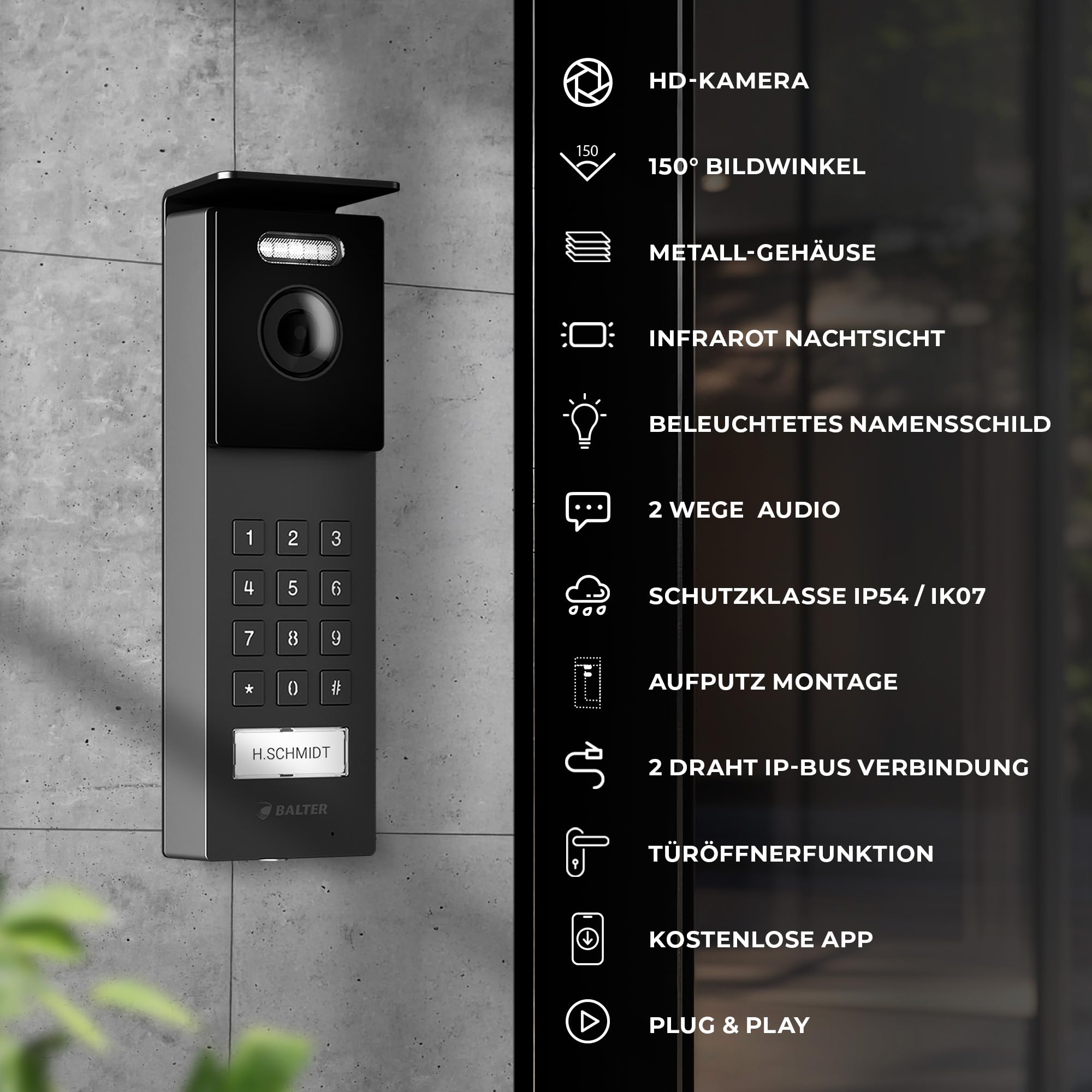 Entri wideodomofon, natynkowy dzwonek do drzwi z kamerą, aplikacja na smartfon, 1 dom rodzinny, dzwonek do drzwi, monitor HD 7", kamera Full HD, interkom z otwieraczem do drzwi i dzwonkiem, 2 przewody