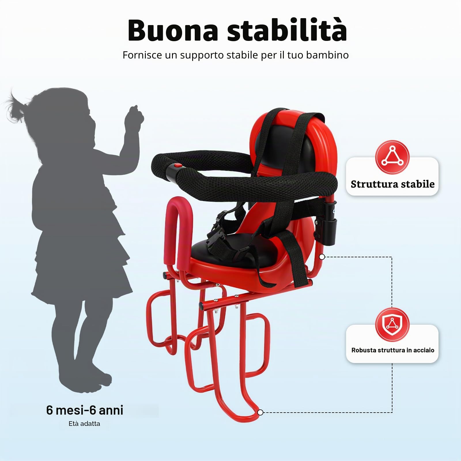Seggiolino per bicicletta da 6 mesi-6 anni con cintura di sicurezza e ringhiera a U, adatto per la maggior parte delle biciclette come biciclette pieghevoli, mountain bike elettrica