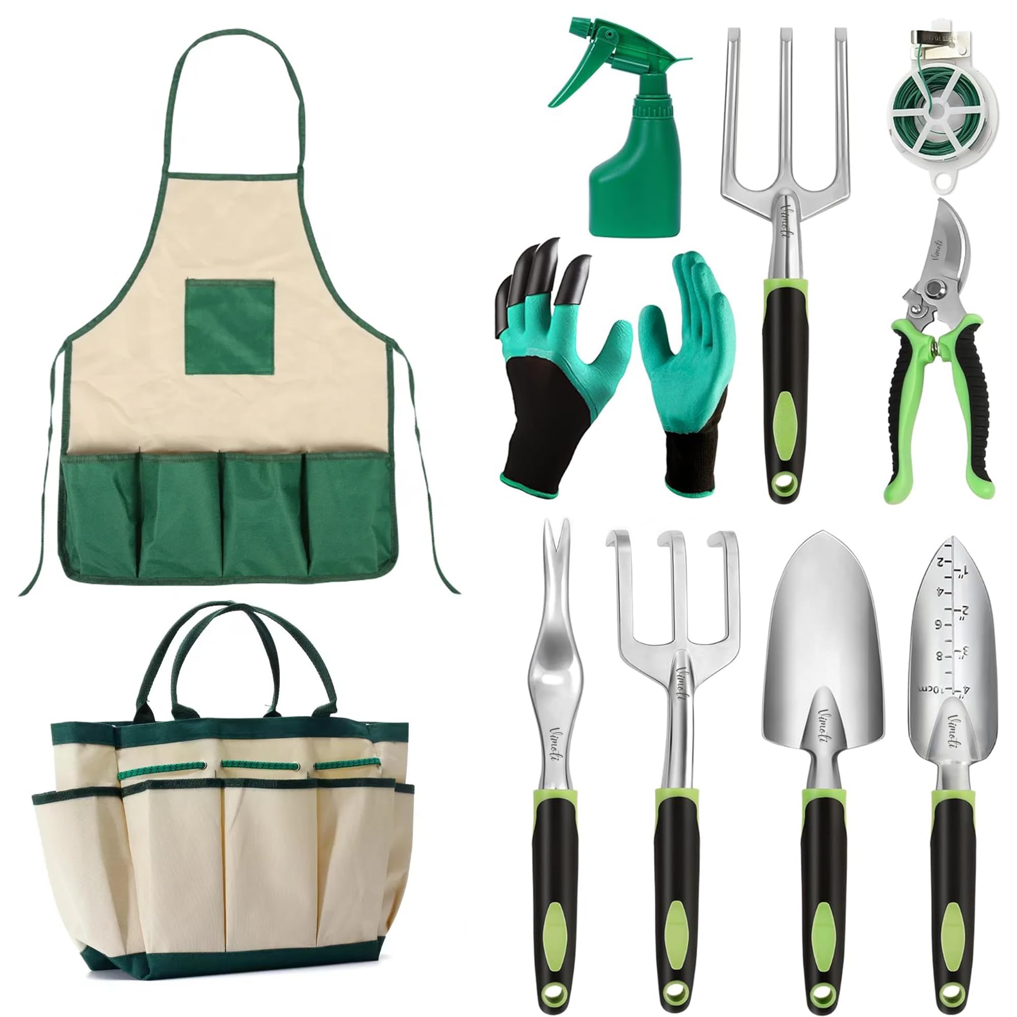 VIMOTI Garden Tools Set, Gardening Gifts for Women & Men with Tools Bag and Garden Apron, 11 Pcs Gardening Tools for Garden Tool Storage with Allotment Equipment, Weed Remover Tool with Storage Bag