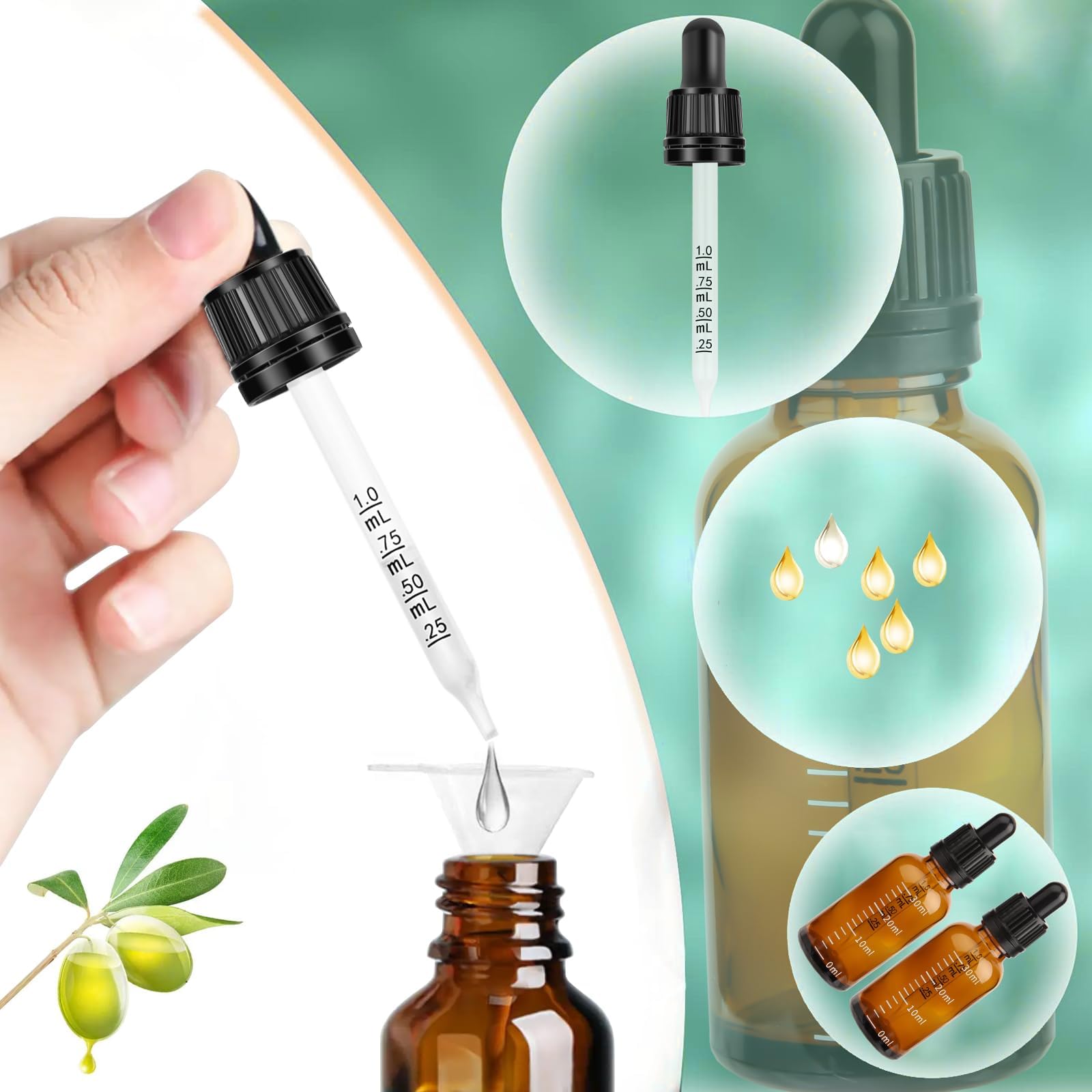Goteros Cuentagotas 30ml Cristal con Pipetas y Escala para Aceite Esencial, Masaje, Aromaterapia