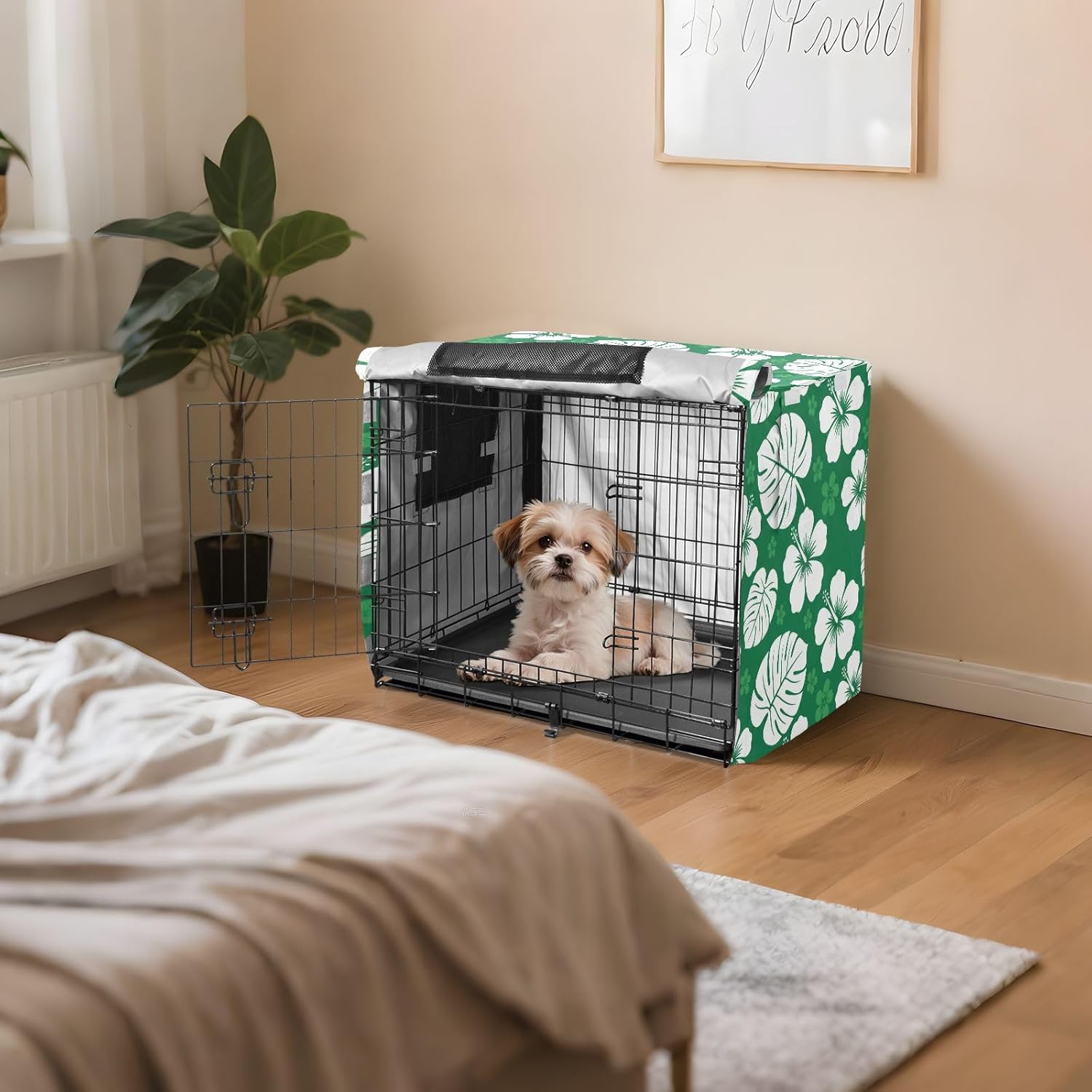 Duty 600D Silver Coated Dog Crate Cover, Water-Resistant Tropical Leaves Pet Kennel Canopy with Mesh Windows for Optimal Ventilation, Universal Fit for Standard Wire Cage, Indoor & Travel