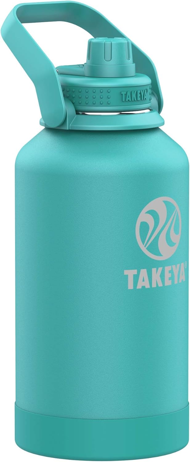 Takeya Pickleball Stainless Steel Insulated Water Bottle with Choice of Lid and Carry Handle, 64 Ounce, Dropshot Teal