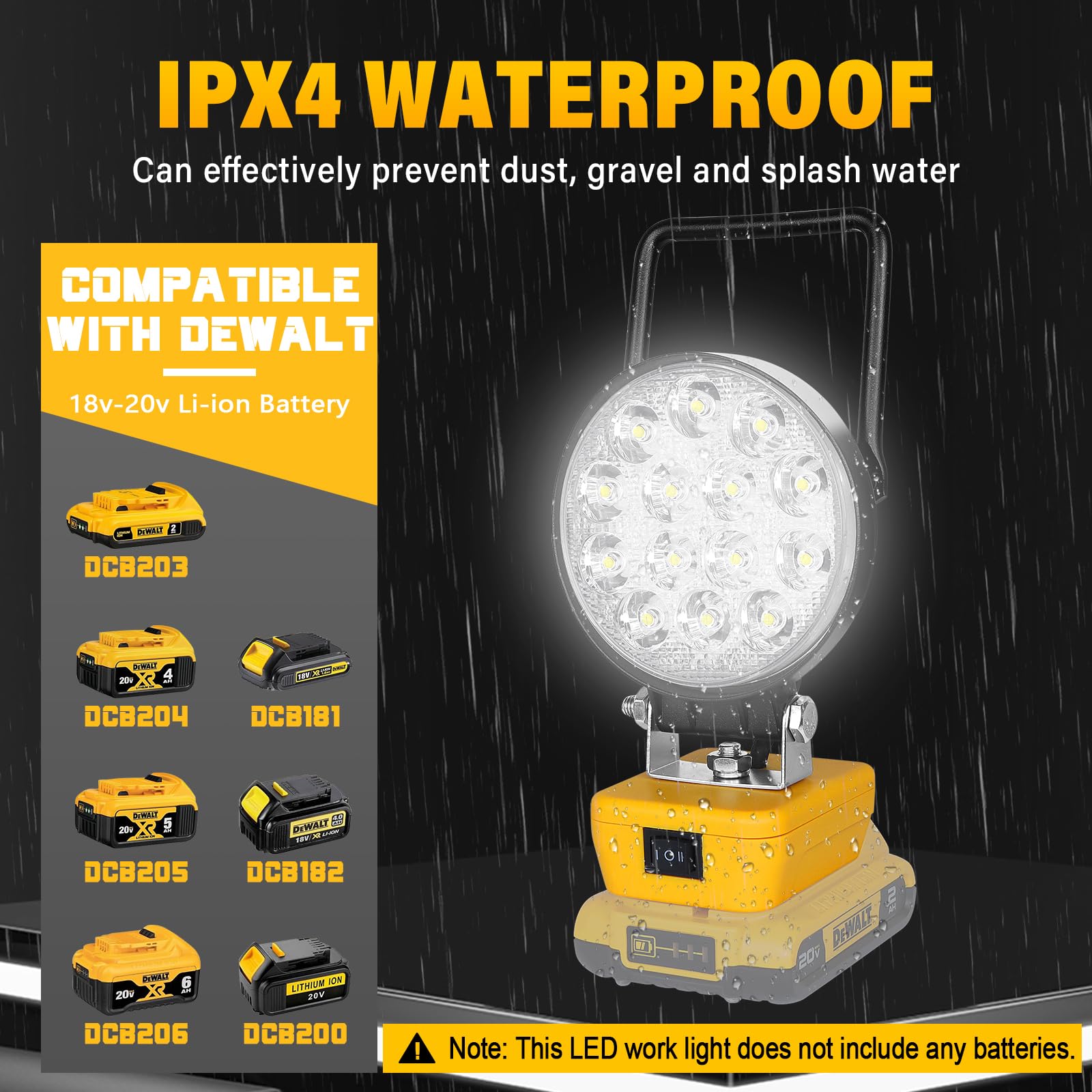 AUXTINGS Projecteur de Chantier pour Dewalt Batterie,2x 72W Projecteur LED Rechargeable,7200LM Lampes de Travail Portable Pour l'atelier, Camping, Réparations Automobiles, Chantier (Sans Batterie)