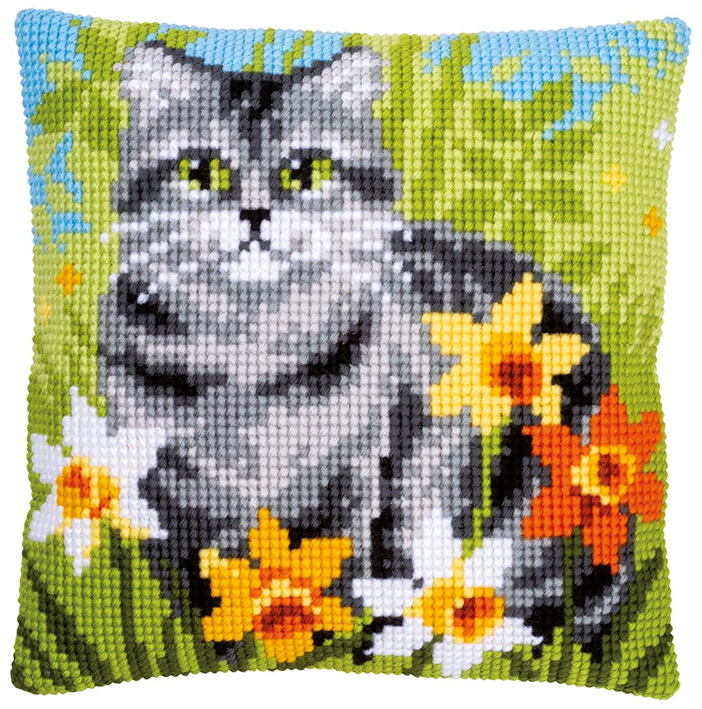 Vervaco Kreuzstich Stickpackungen Kissen – Vorgedruckt Katze zwischen Blumen, 40 x 40 cm, Komplettes Set