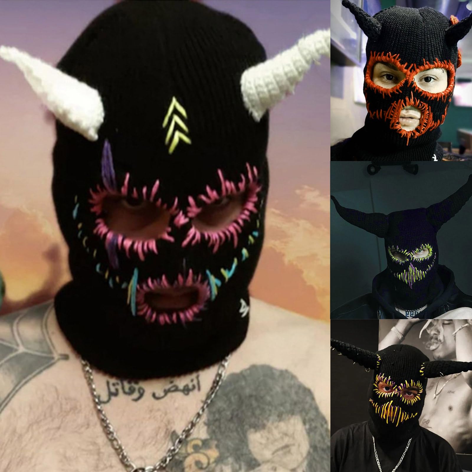 Dsgzkk Winter Hats with Devil Horns Sewed Mouth Scars Knitted Hat for Women Halloween Ski Mask Warm Knit Hat for Adults