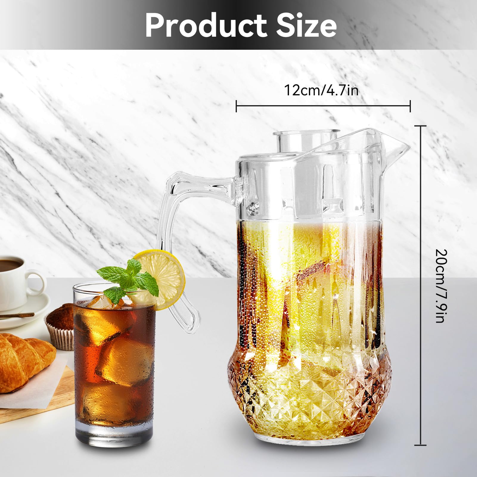 Brocca Per Acqua Trasparente 1,2L Con Coperchio – Caraffa Salvaspazio Per Frigorifero, Bocca Larga 80mm – Senza BPA, Infrangibile – Ideale Per Tè Freddo, Limonata, Succhi, Sangria