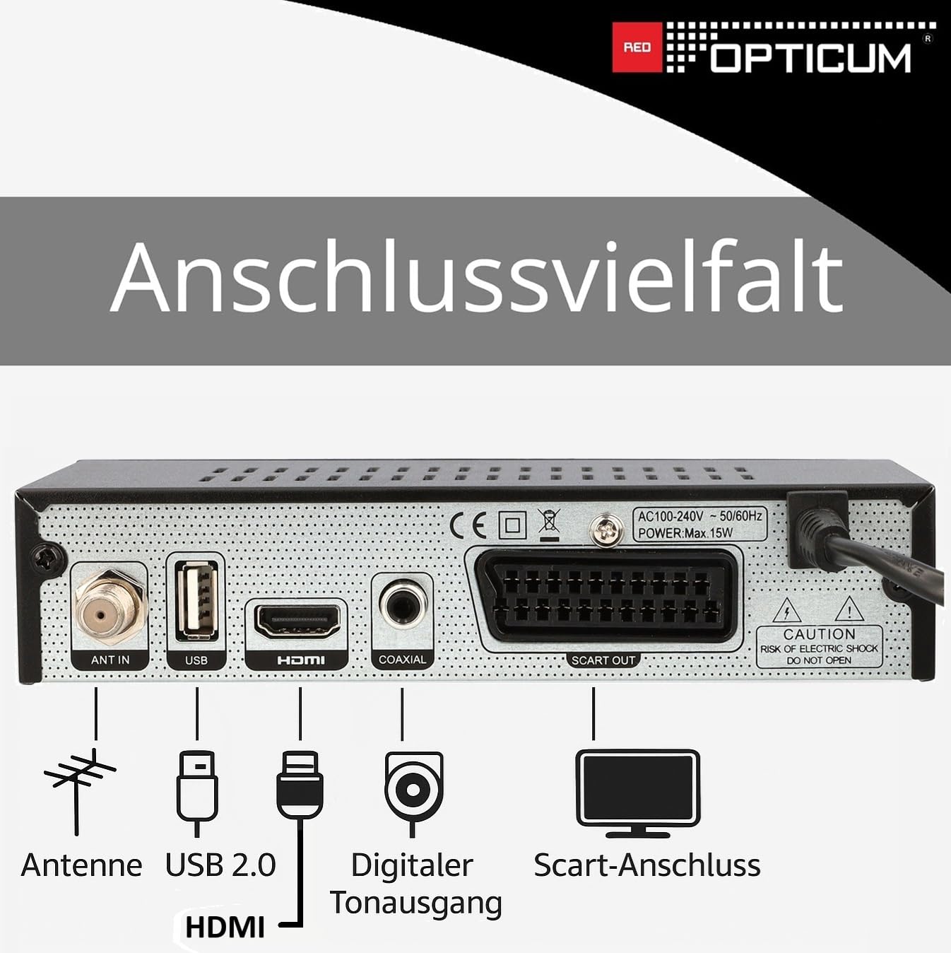 RED OPTICUM AX 300 Plus Sat Receiver mit PVR I Digitaler Satelliten-Receiver HD 1080p - HDMI - SCART - USB - Coaxial Audio I Receiver für Satellitenschüssel Schwarz