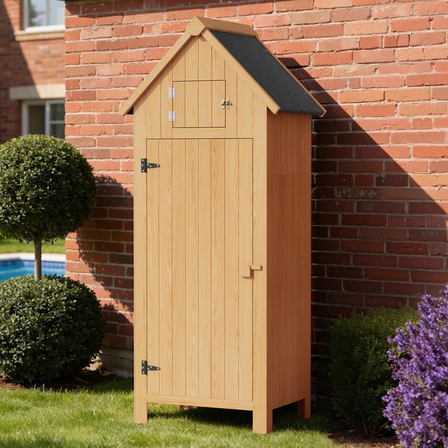 Armoire de Jardin en Bois, Abri à Outils avec Étagères, Rangement pour Outils de Jardin Ventilé à Toit en Bitume, Adapté pour la Pelouse, 77x54,2x179cm, Naturel