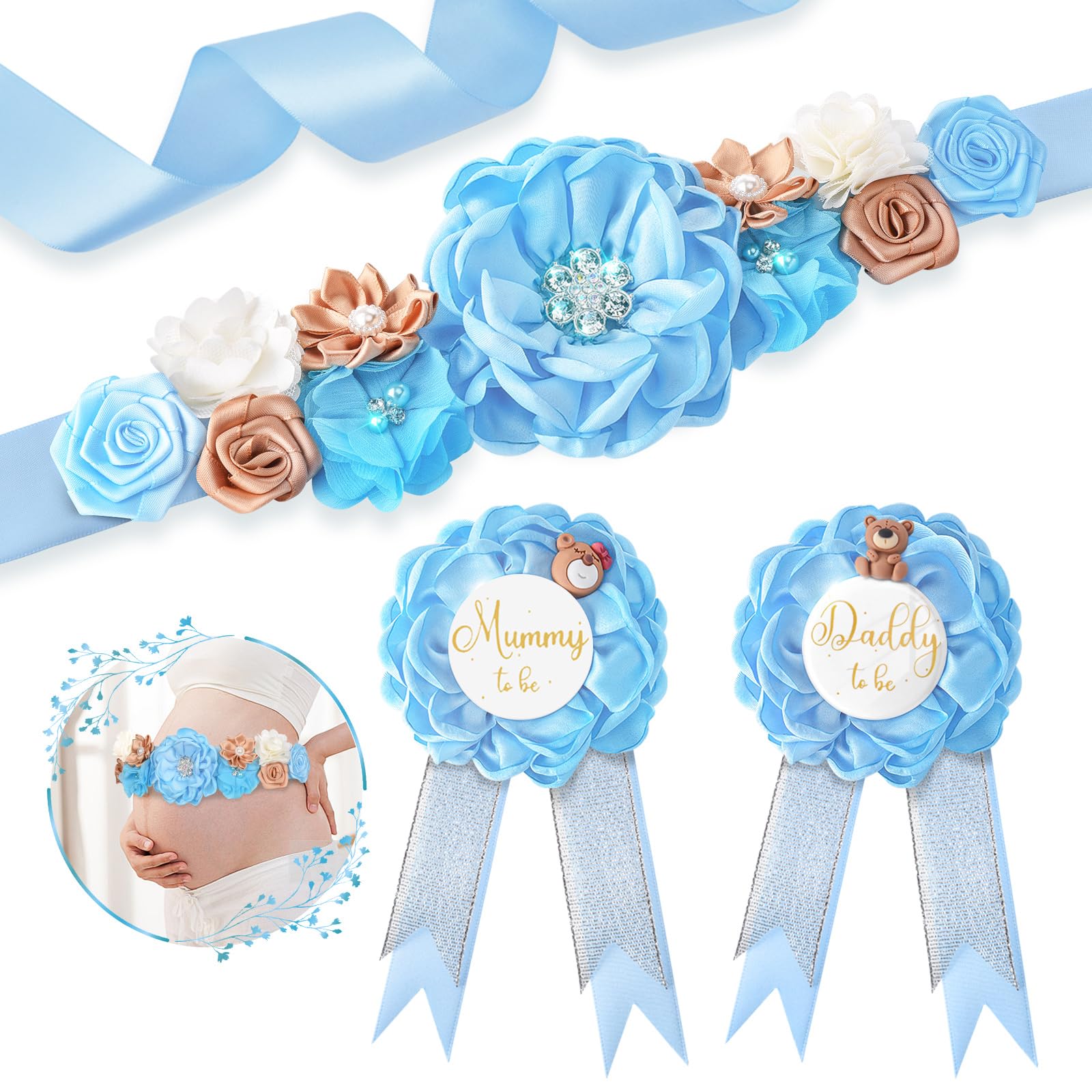 Photo 1 of XINRUI Floral Maternity Sash & Corsage Set - Blue