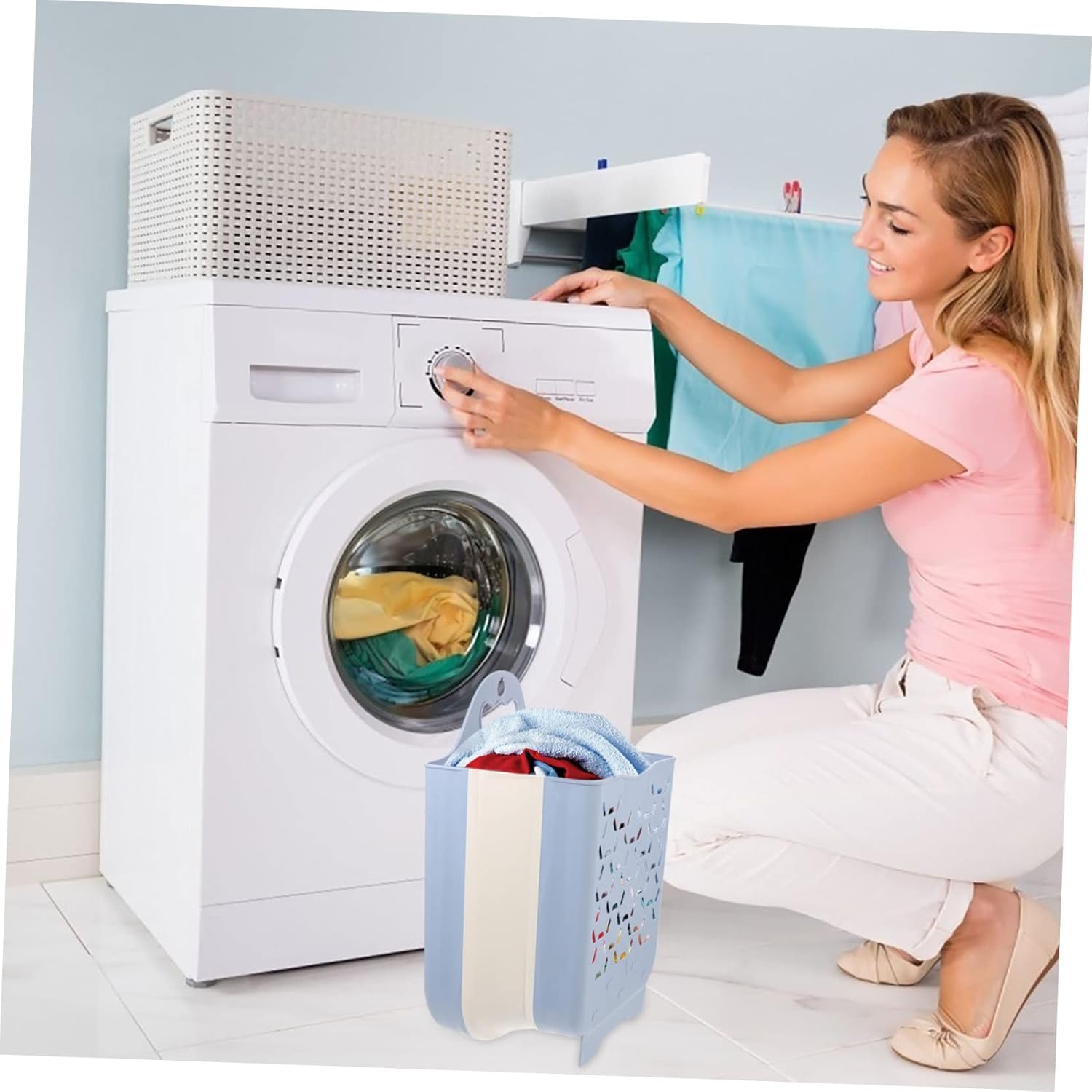 Collapsible Wall Mounted Laundry Basket Medium Gray Blue Hollow Design Laundry Hamper with Smooth Surface for Bedroom Bathroom Storage and Dirty Clothes Organization