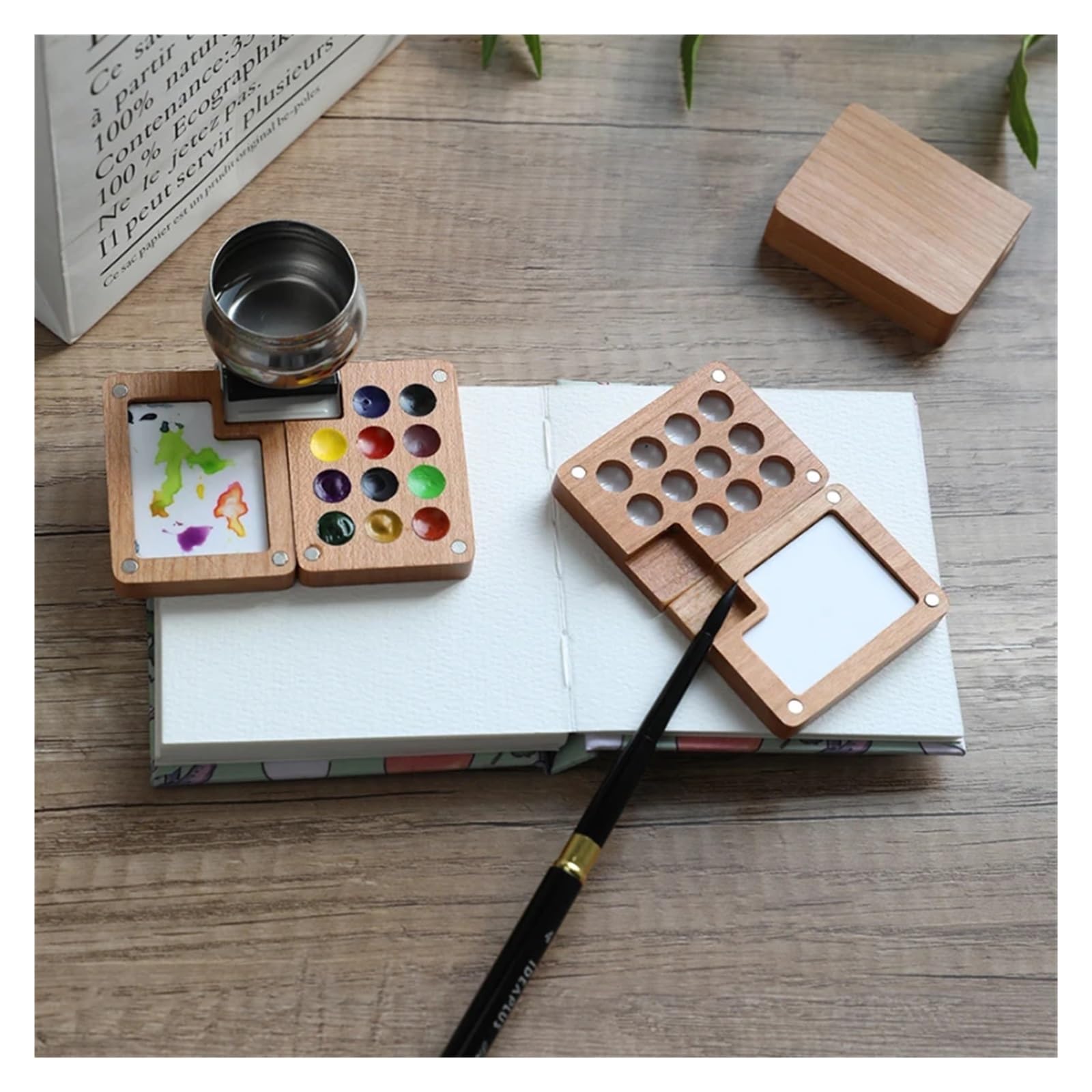 Mini caja de acuarela portátil 11 rejillas, color nogal, ideal for viajes, for pintar y dibujar Para Gouache, Acuarela y óleo(B-3pcs)