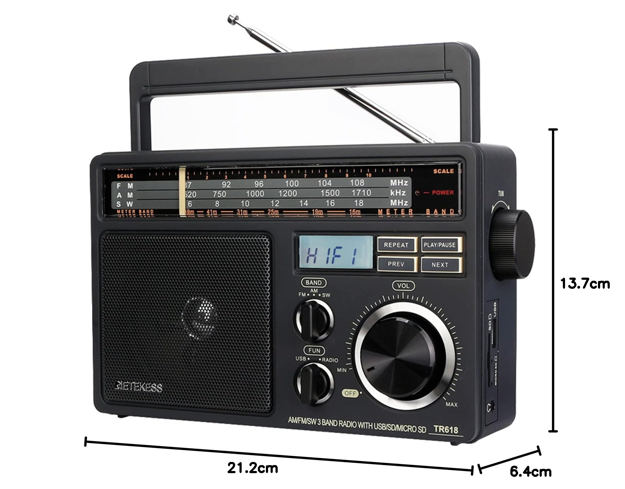 Retekess TR618 Poste Radio Portable, Radio Pile et Secteur, Transisitor FM AM SW, Lecteur MP3 USB SD TF, Prise de Casque, pour Personnes Âgées (Gris Foncé)