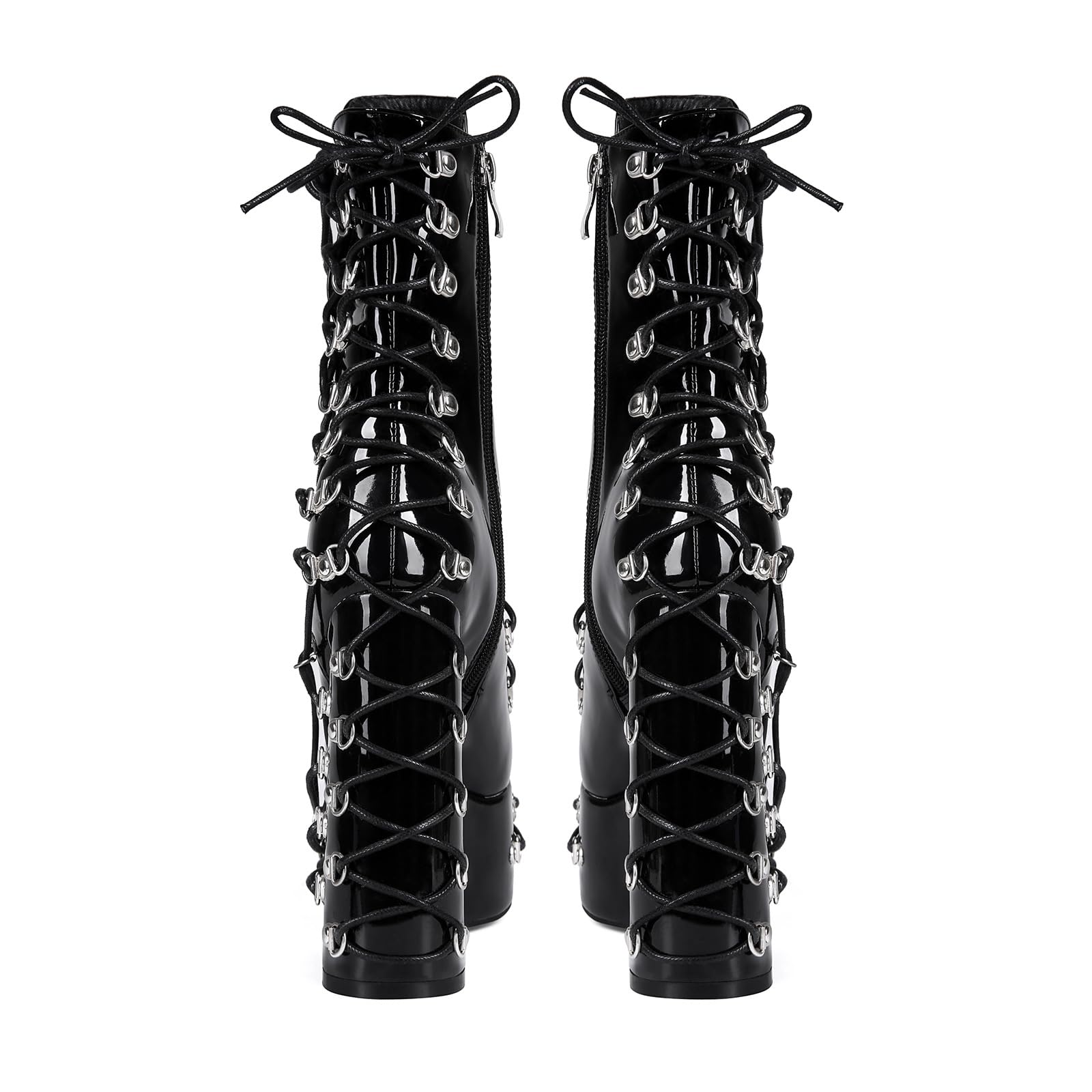 Damen Stiefeletten Plateau Schnürboots Blockabsatz Schnürstiefeletten mit D-Ringen Verzierter Schnürung