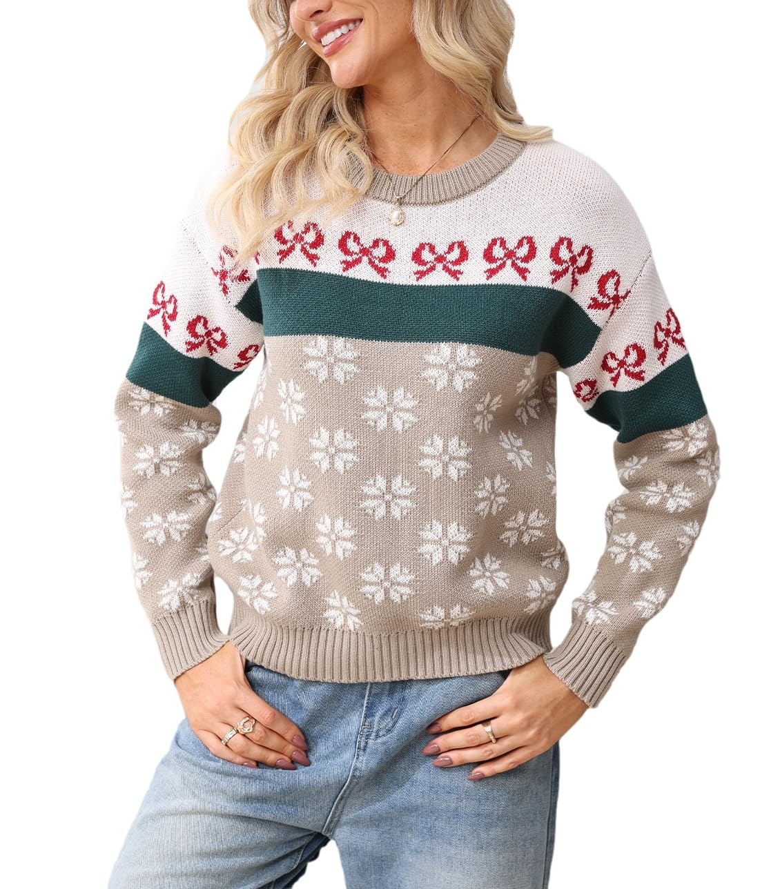 Ladyful Christmas Bow Sweater for Women Casual Long Sleeve Snowflake Pullover Sweater Knit Jumper Top