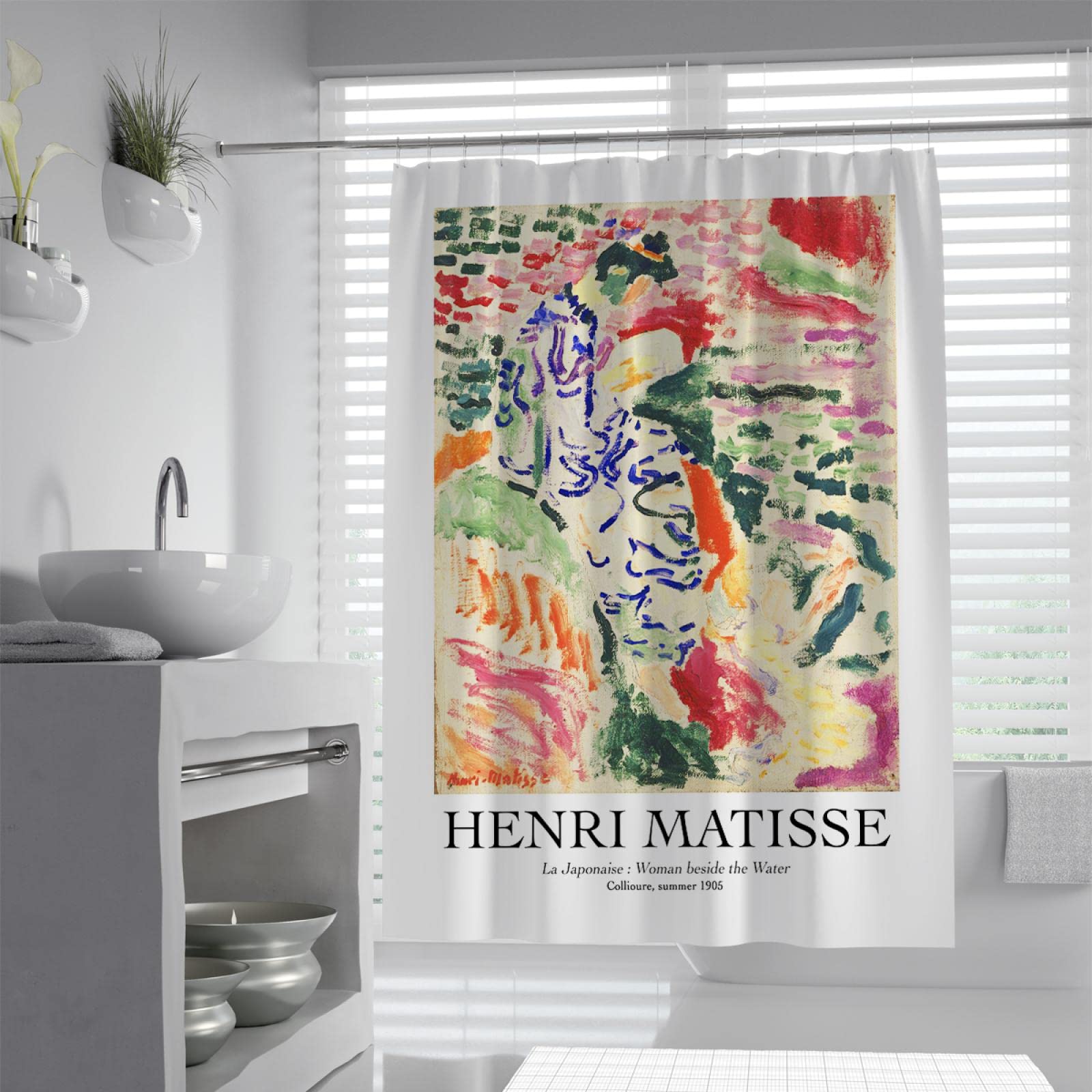 DINGSION Abstract Multicolour Aesthetic Design Shower Curtain Liner Henri Matisse Artwork Japanese Woman At the Seashore Bath Curtains Set W180xL240cm