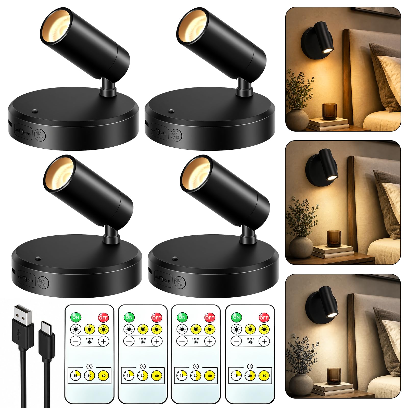 4 Pack Apliques de Pared LED, Lámpara de Pared Interior Recargable, 3 Colores y Brillo con Control Remoto,Adecuados para Ilustraciones de Plantas,Exposiciones de Arte, Dormitorios Decorativa (Negro)