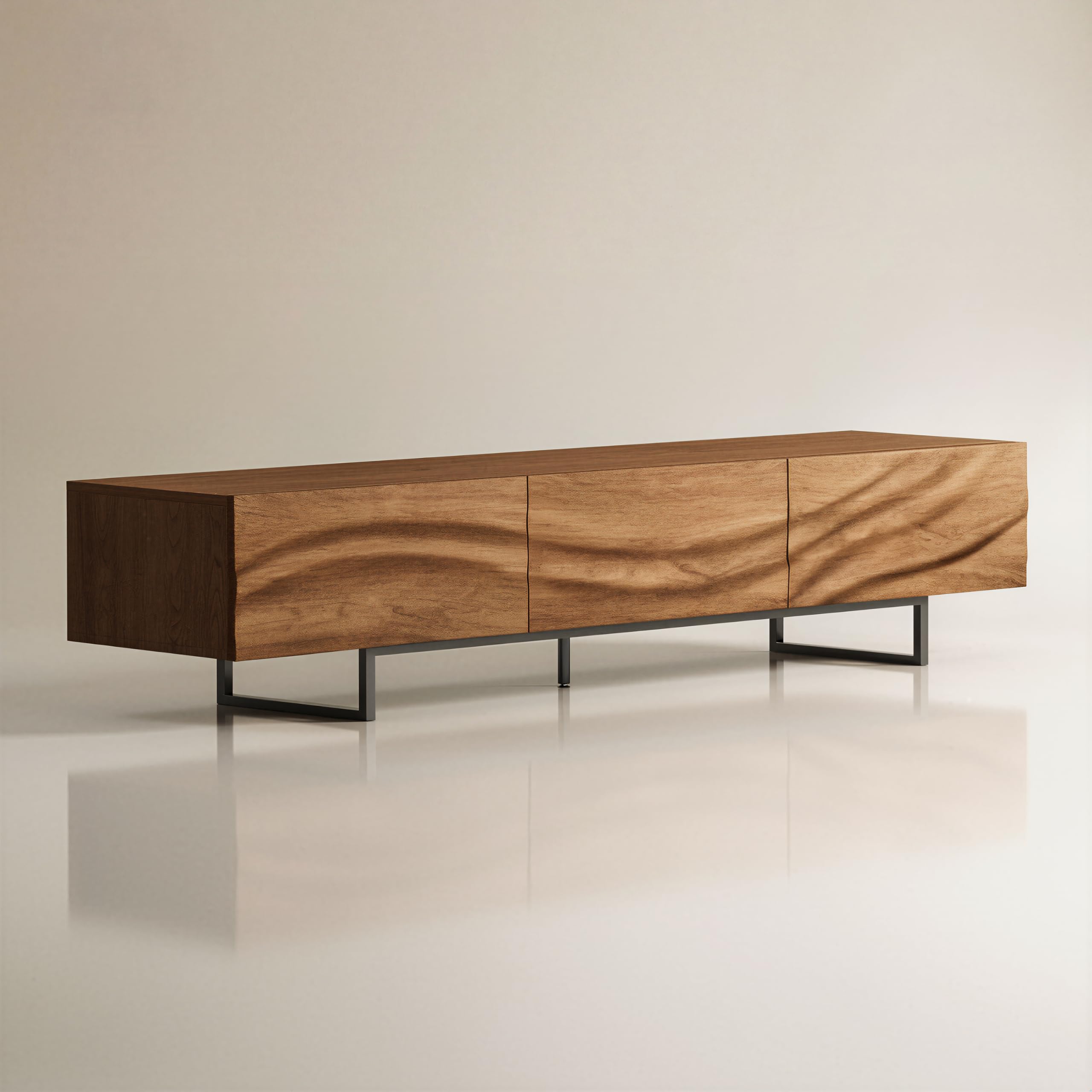 KAANAA TV-Schrank 210 cm, TV Lowboard für TVs ab 75 Zoll, Nussoptik | 210 cm Breite, Für TVs ab 75 Zoll, 3 Schubladen, Offene Fächer, Wellenfront, Nussoptik, Mid-Century Design
