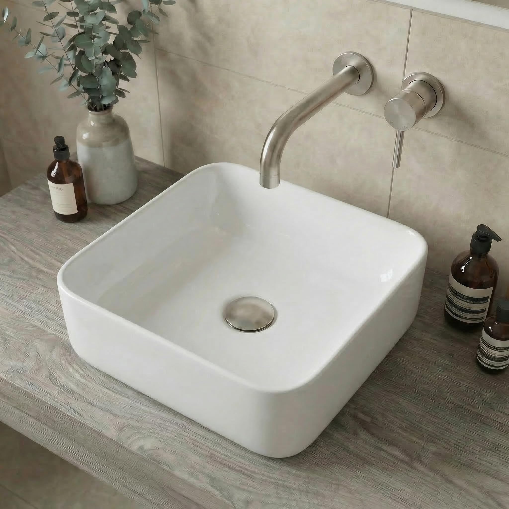 Affine® Countertop Basin for Bathroom and Cloakroom Hand Wash Basins Sink Modern White Gloss Square, 365 x 365mm