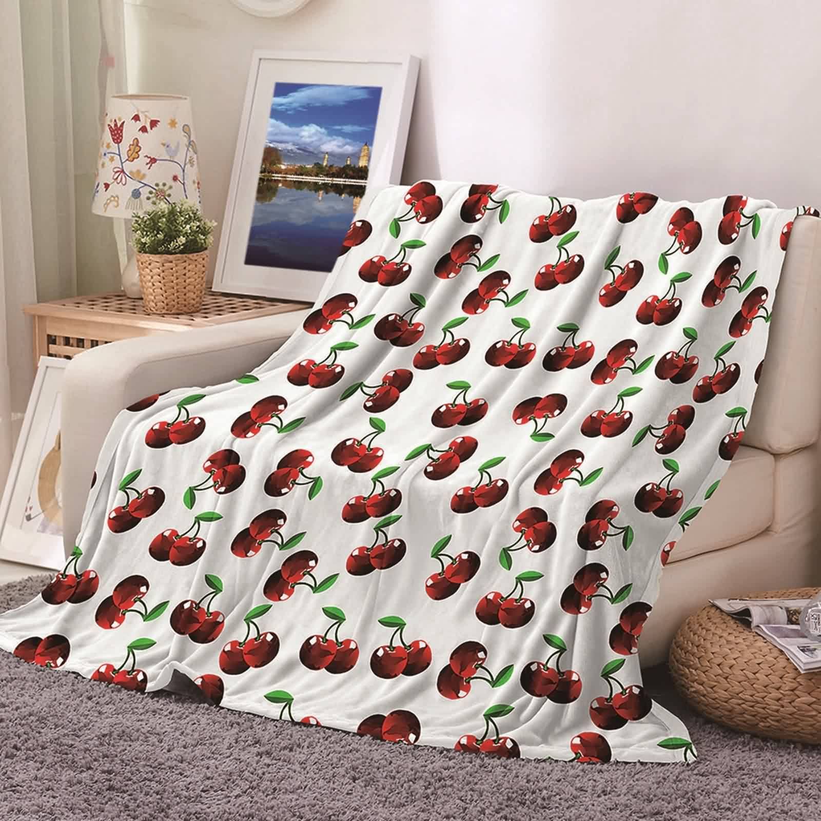 Kuscheldecke Grün 150x200, Wohndecke Warm Flanell Rot Kirschblatt Flanelldecke Blanket Weich Kuschelig Sofa Bett Geschenk