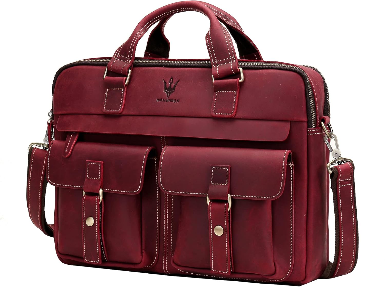 WILD WORLD Leather Briefcase Shoulder Bag for Men Business Messenger and Laptop Bag Fit Up to 17 Inch Computer (Red)