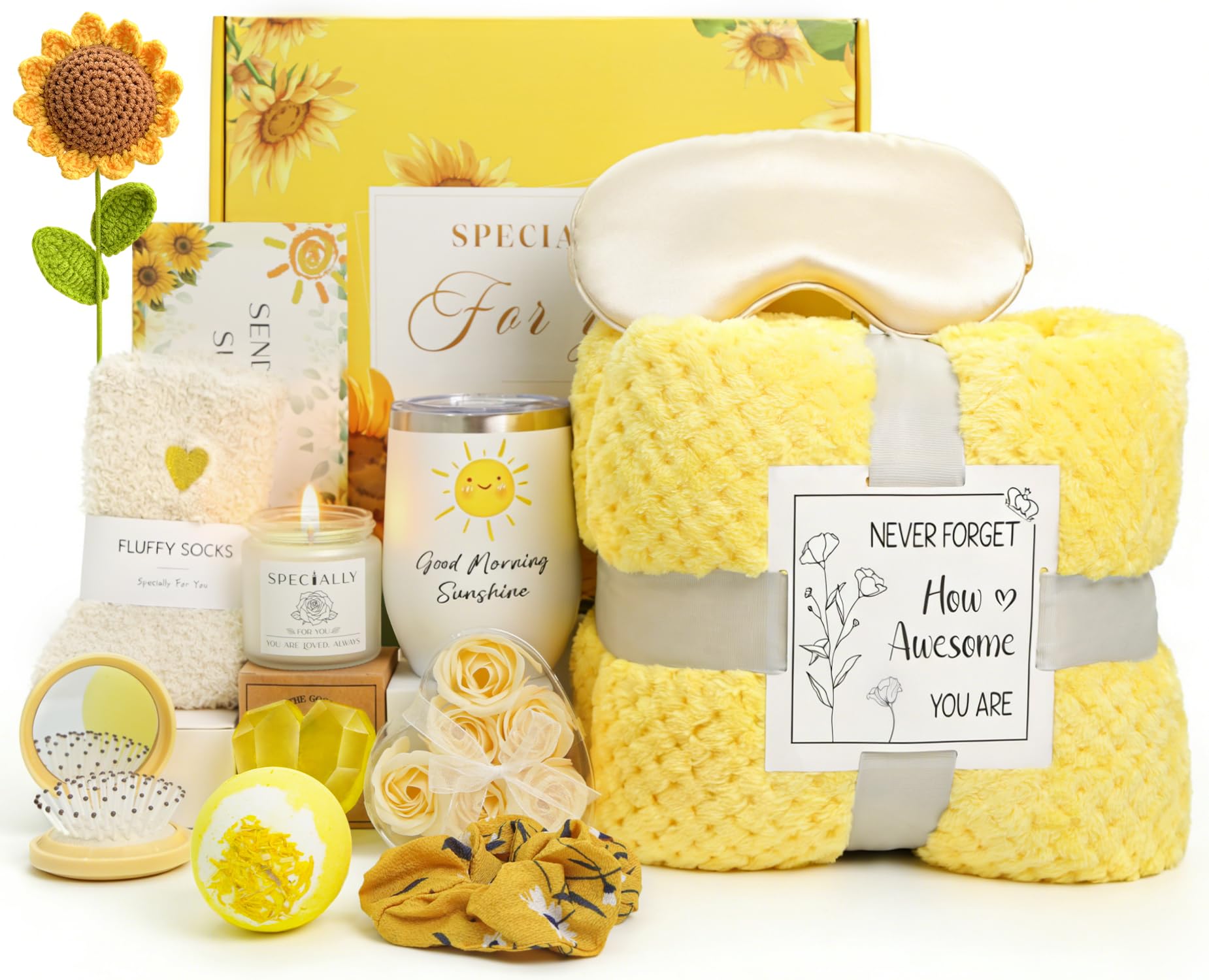 Zyphoria Gifts for Women, Sunflower Pamper Gifts for Women, 13PCS Cosy Gifts Set Birthday Presents Hampers with Flannel Blanket Self Care Get Well Soon Gifts for Friends, Mum, Wife, Sister