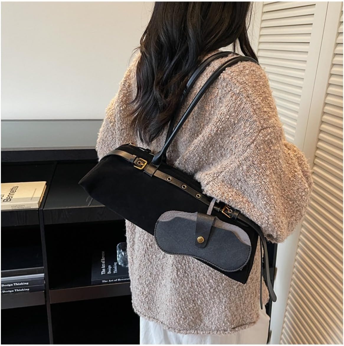 Boston Shoulder Bags for Women suede fabric Tote Bag Casual Bowling Bag Purse Retro Underarm Bag - Image 3