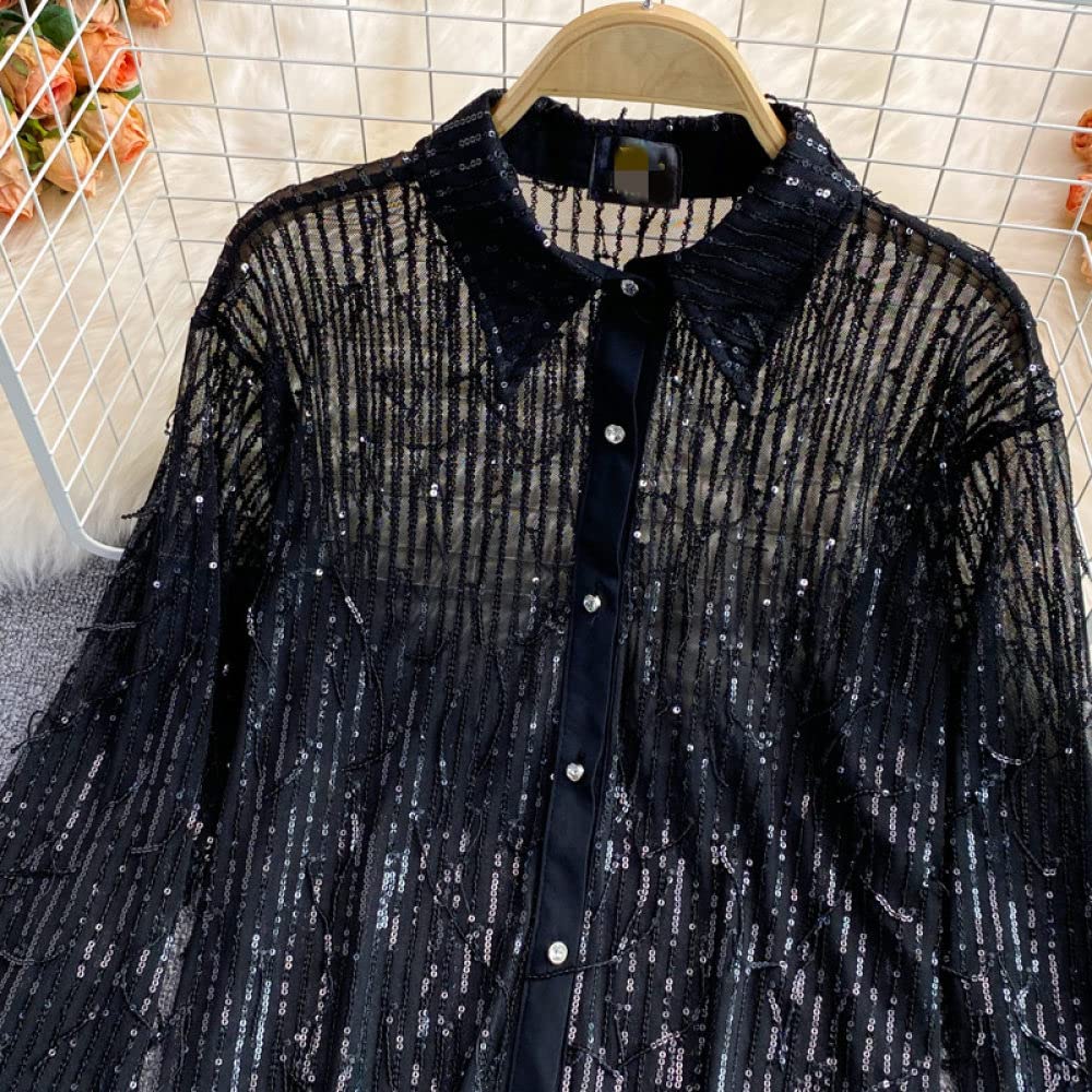 Damen-Hemd Mit Knopfleiste,Damen Satin Bluse Shirt Weiß Quaste Pailletten Langarm Vintage Mode Seidenhemden Business Hemd Mit Knopf Sexy Party Tops Lässige Arbeit Bürobluse Für Mädchen Damen