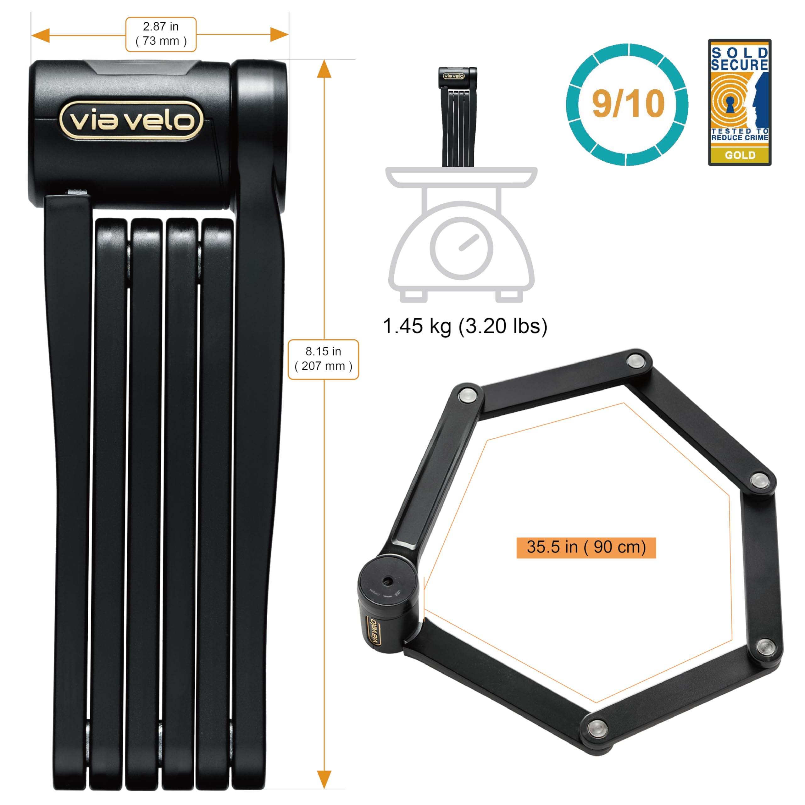 Via Velo Faltschloss mit gehärtetem Stahl und Sold Secure Gold Ausziehbar 90 cm Inklusive Halterung und 4 Schlüsseln AirTag Slot ermöglicht es Ihnen, Ihr Fahrrad zu verfolgen, leicht zu tragen und