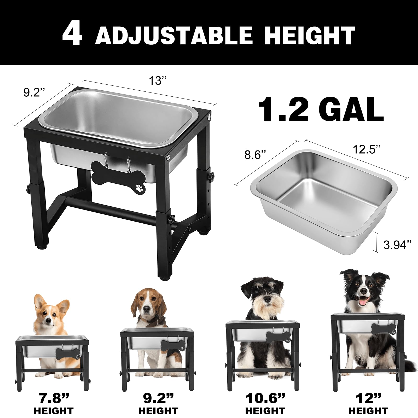 Cuenco de agua grande elevado para perros de 1.2 galones, 4 alturas ajustables de 7.8 pulgadas, 9.2 pulgadas, 10.6 pulgadas, 12 pulgadas, soporte elevado de acero inoxidable para razas pequeñas