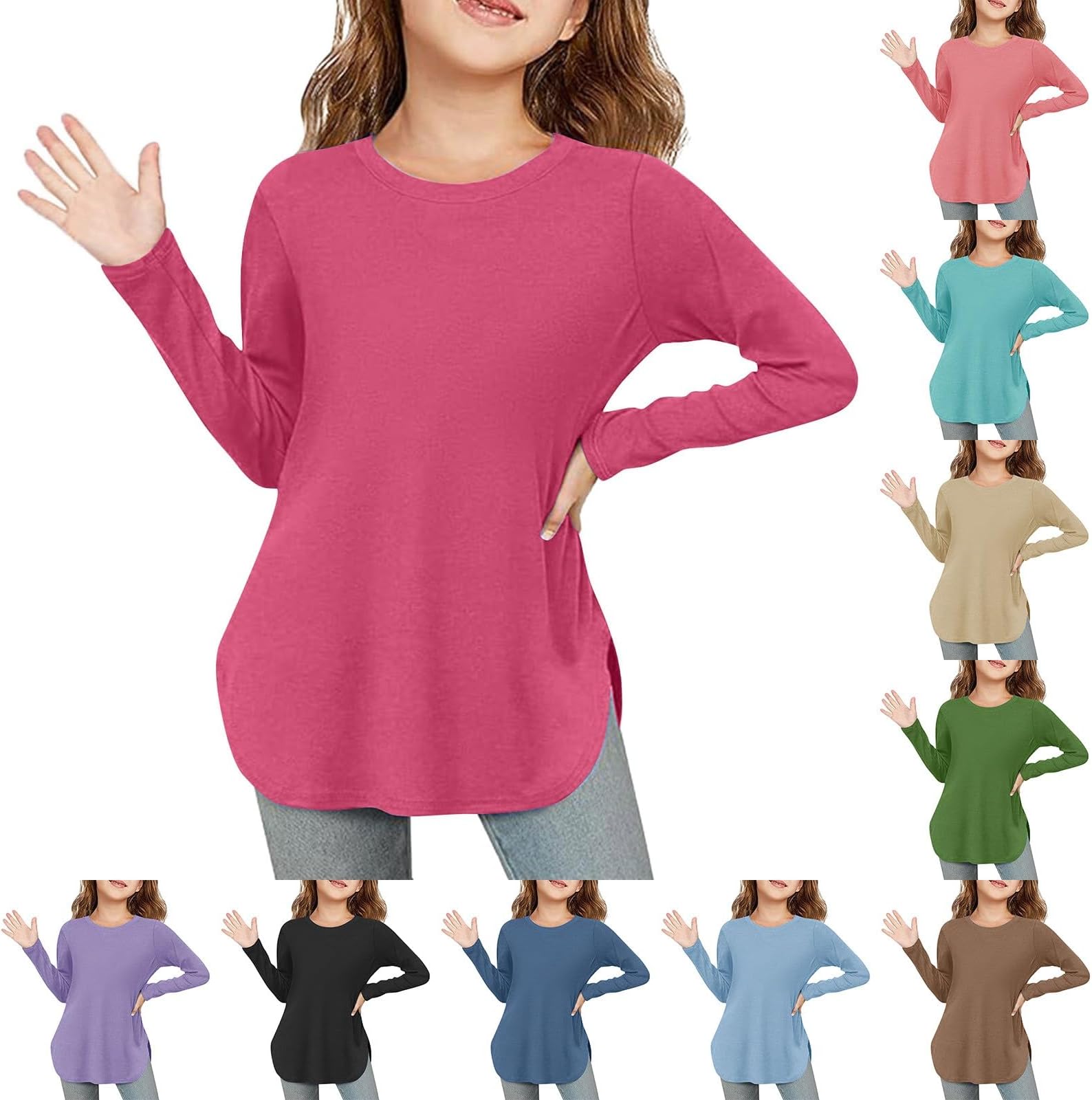 Long Sleeve T Shirt for Girls Solid Round Neck Tunic Basic Tshirt Top Teen Girls Plain Black White T Shirts Tops for School Casual Athletic Pullover Dance Gym Activewear