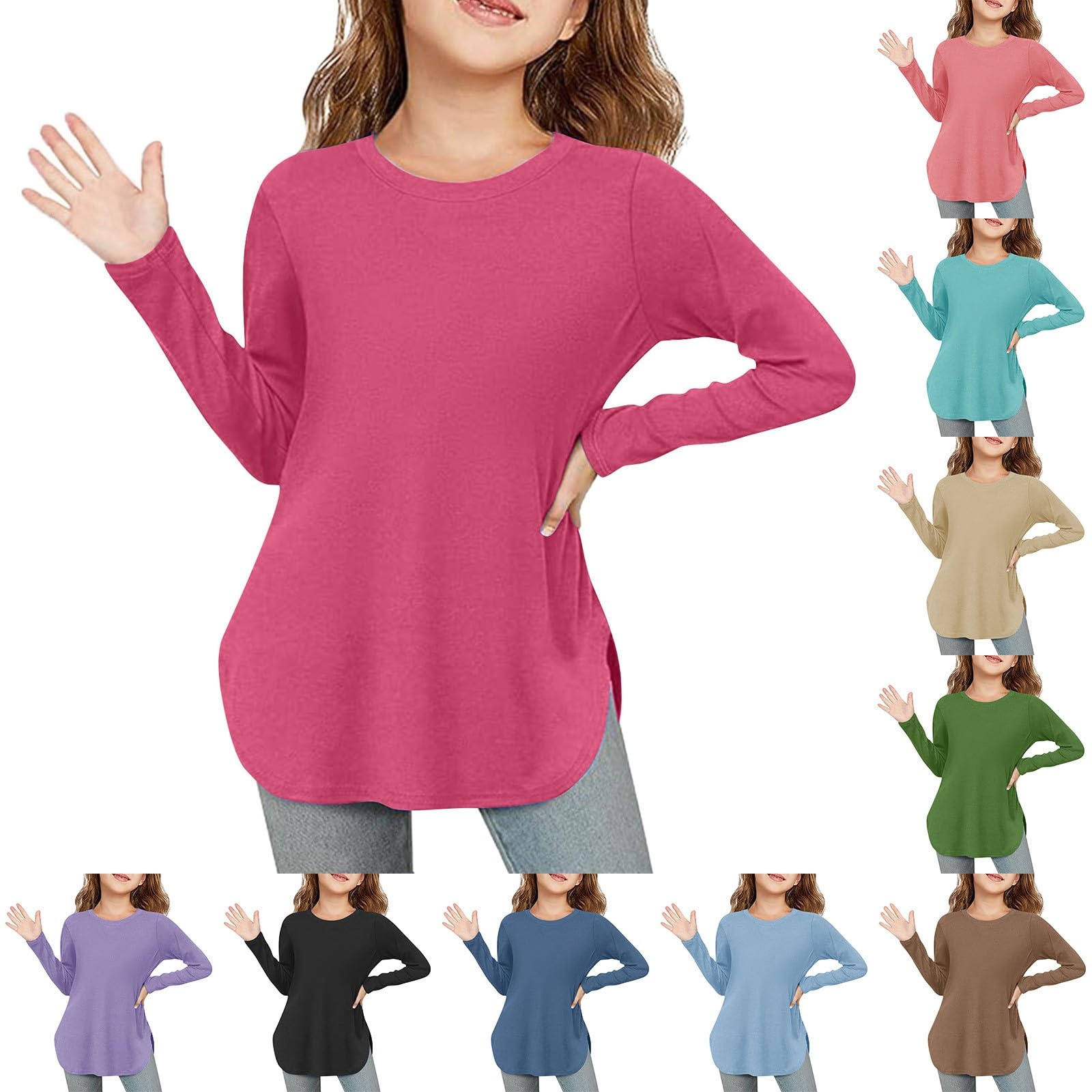 Long Sleeve T Shirt for Girls Solid Round Neck Tunic Basic Tshirt Top Teen Girls Plain Black White T Shirts Tops for School Casual Athletic Pullover Dance Gym Activewear