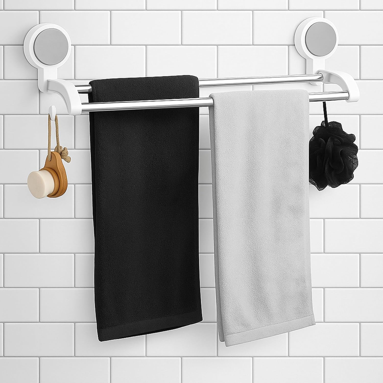 Wall Mounted Double Towel Bar Rack, 53cm Self Adhesive No Drill Towel Holder with Hooks, Stainless Steel Rods and ABS Base, Waterproof Heavy Duty Organizer for Bathroom Shower Kitchen (1)-image-17