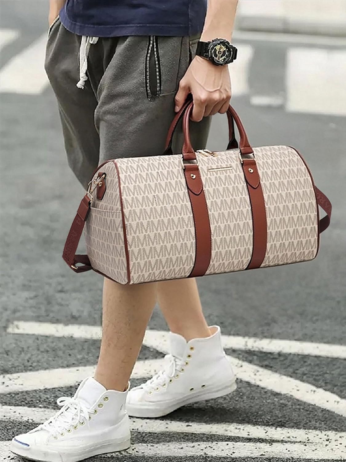 Women PU Leather Monogrammed Duffel Bag for Men- Scratch-Resistant Waterproof, Multi-Pocket Design, Large Capacity Carry-On for Gym Yoga Work Travel Weekender - Image 4