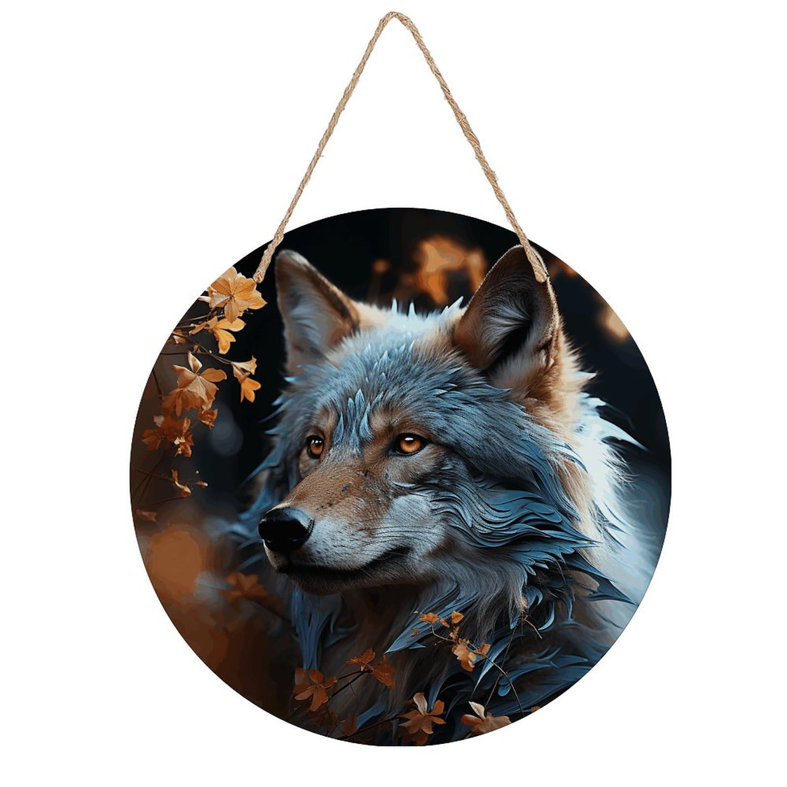 VstaDank Autumn Leaves And A Wolf Wooden Wall Art Decor Round Wood Plaque Wooden Door Hanger Sign with Hole And Hanger Rope Trend Wood Decorative Paintings for Home Outdoor Indoor 7.87 Inch