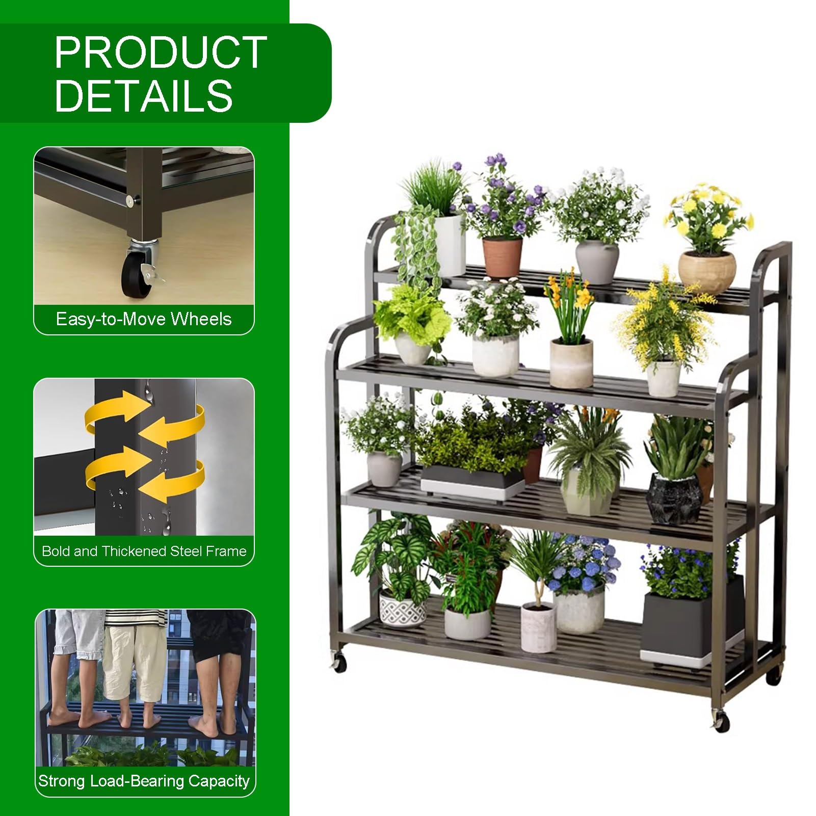 Supporto per piante da esterno in metallo nero a 4 livelli con ruote, supporto per fioriera per organizer per scaffali per scaffali per vasi da fiori(120x40x120cm)