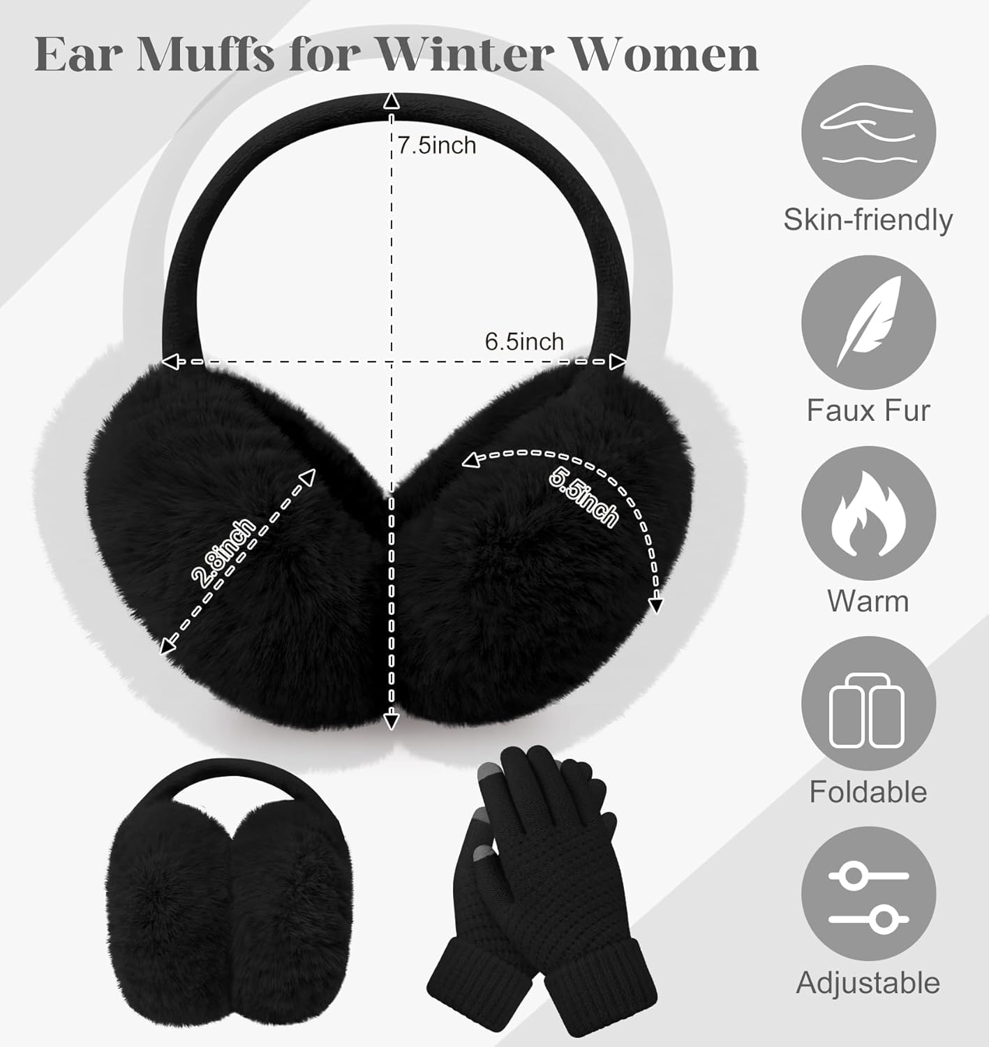 Winter Ear Muffs Gloves for Women Cute Foldable White Earmuffs Adjustable Ear Warmers Faux Fur Ear Covers Headband - Image 2
