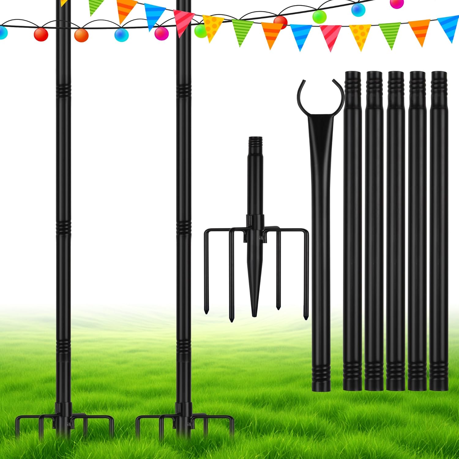 Suchtale 8.5FT Poles for String Lights with Forks, 2 Pack Metal Stands with Hooks & 5-Prong Base for Garden, Patio, Fence, Deck, Backyard, Wedding, Black, Built for Tough Environments