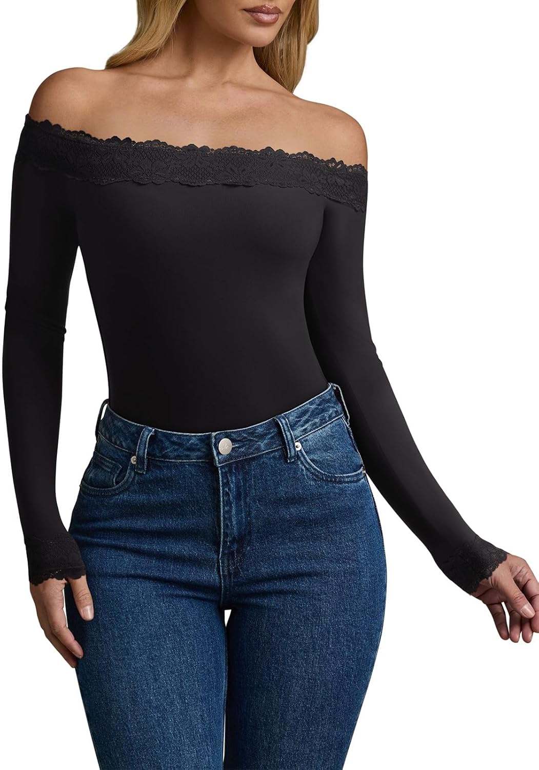 REORIA Women's Sexy Off The Shoulder Long Sleeve Bodysuit Lace Body Suits Going Out Tops Fall Outfit 2025 - Image 3