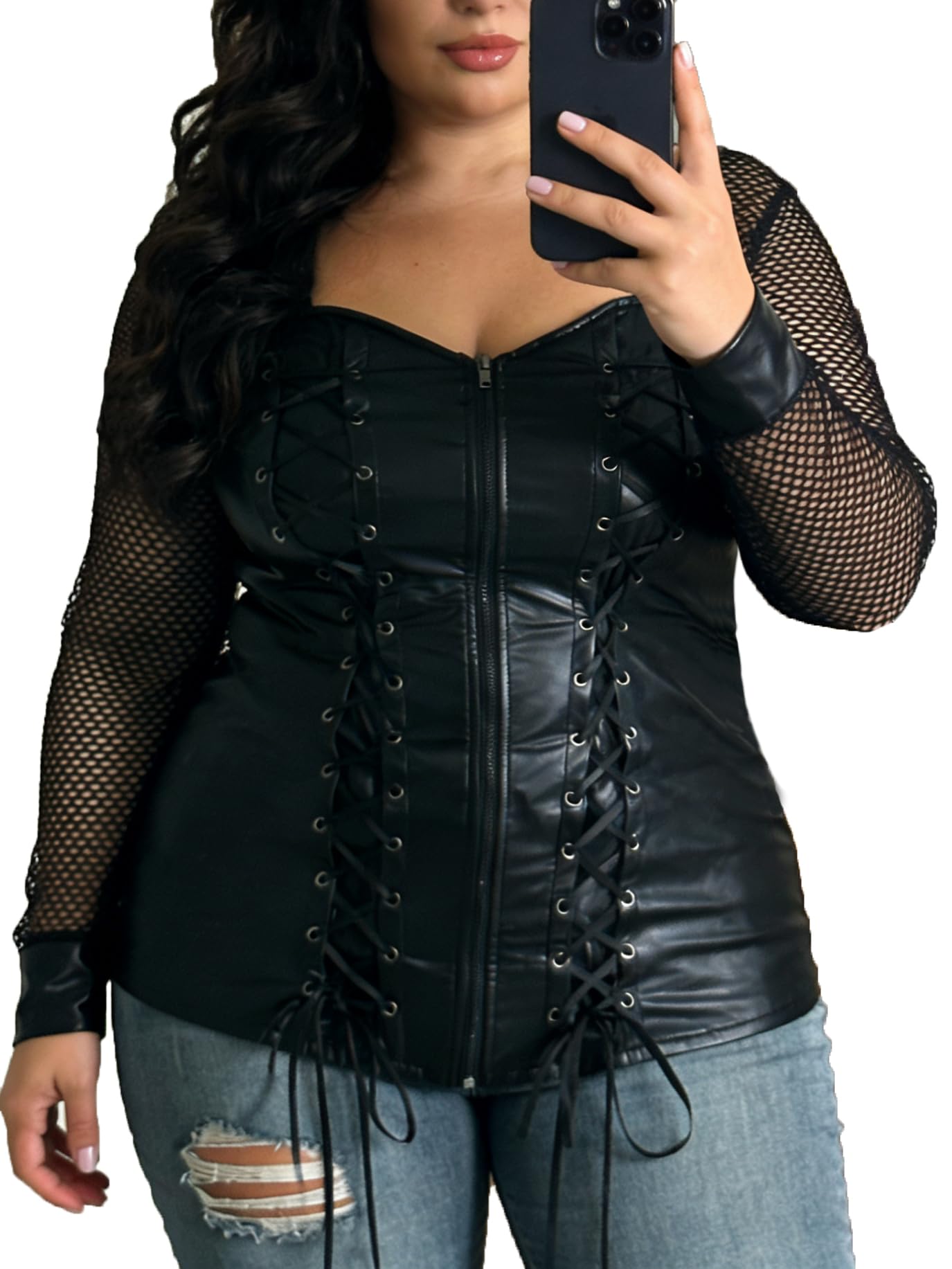 Women's Plus Size Lace up Ribbed Tops Casual T-Shirts Gothic Corset Top