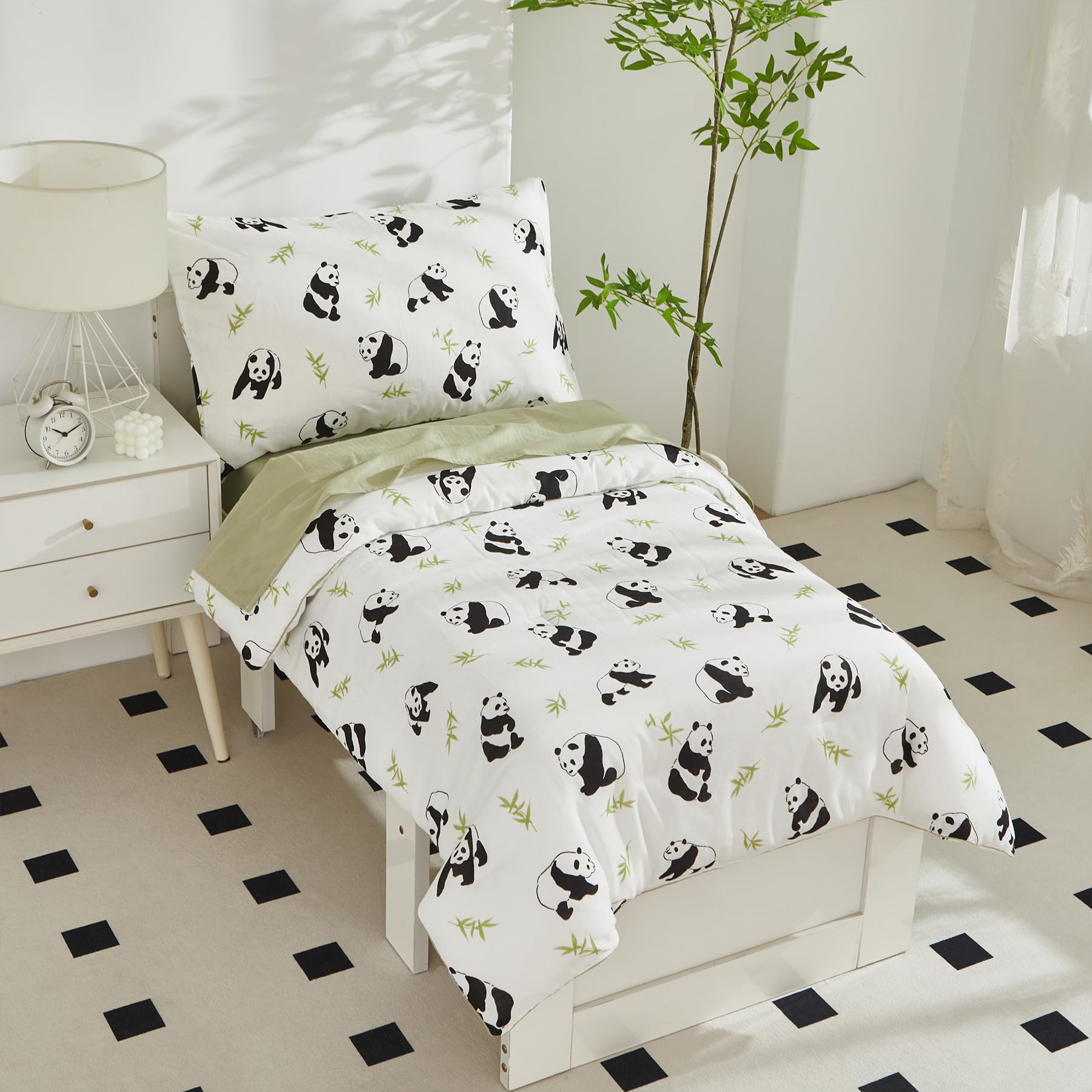 Brandream Juego de ropa de cama para niños y niñas con estampado de panda, sábana encimera, sábana bajera y funda de almohada, 4 piezas, blanco y verde