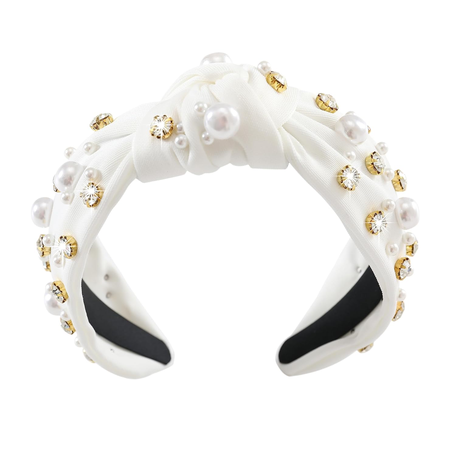 Pearl Knotted Women Headband Sparkle Rhinestone Jeweled Headband Wide Knot Crystal Embellished Hairband Fashion Women's Hair Accessories White - Image 2