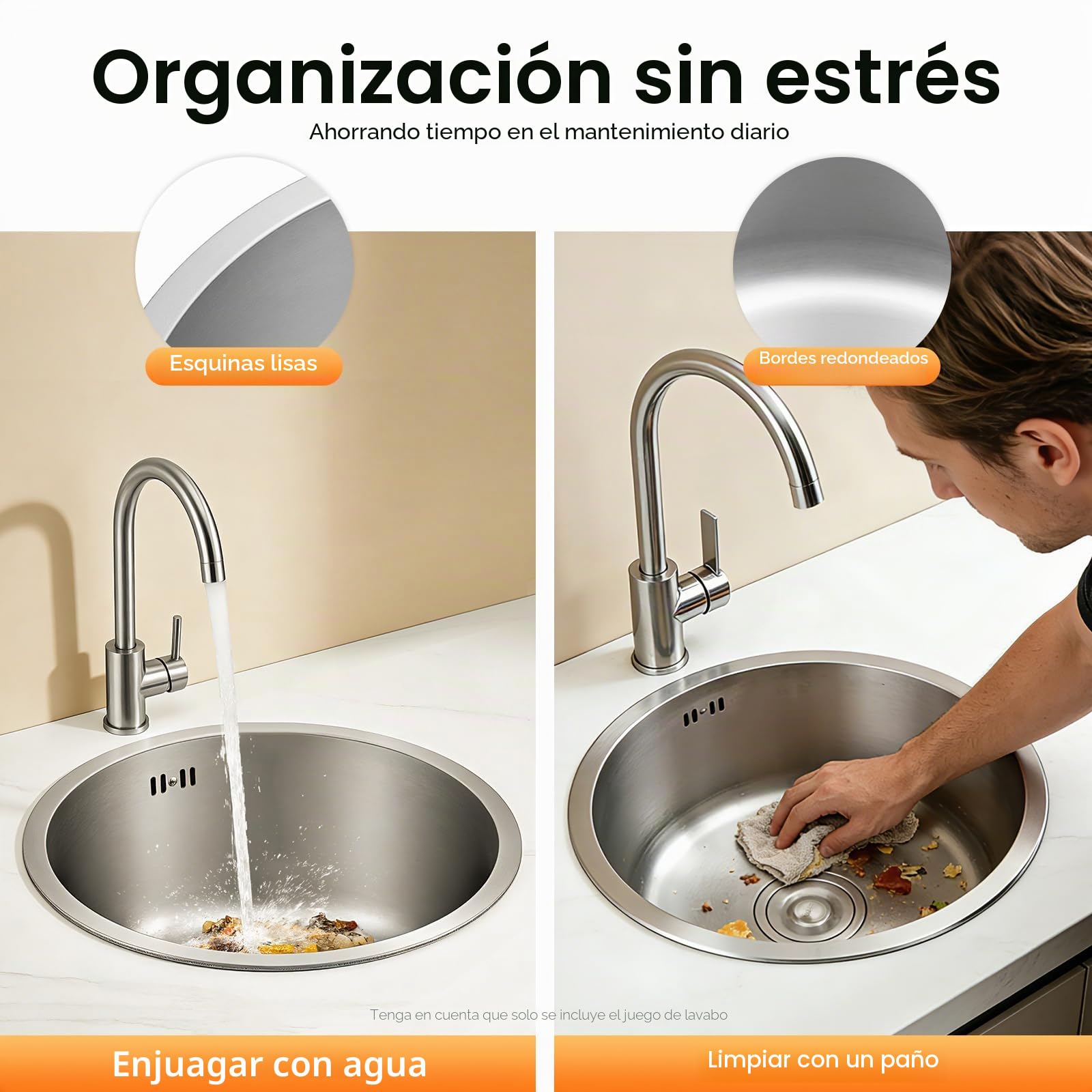 Fregadero redondo de acero inoxidable 304, 38 x 38 cm Fregadero Cocina | Fregadero de cocina redondo con Tubo de desagüe, para Hogares, Restaurantes, Sótanos, Bares, Cocinas