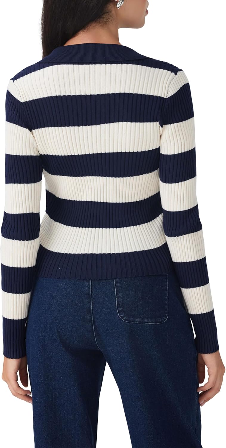 CIDER Womens 2025 Fall V Neck Long Sleeve Striped Sweater Slim Fitted Ribbed Knit Casual Pullover Polo Sweater - Image 5