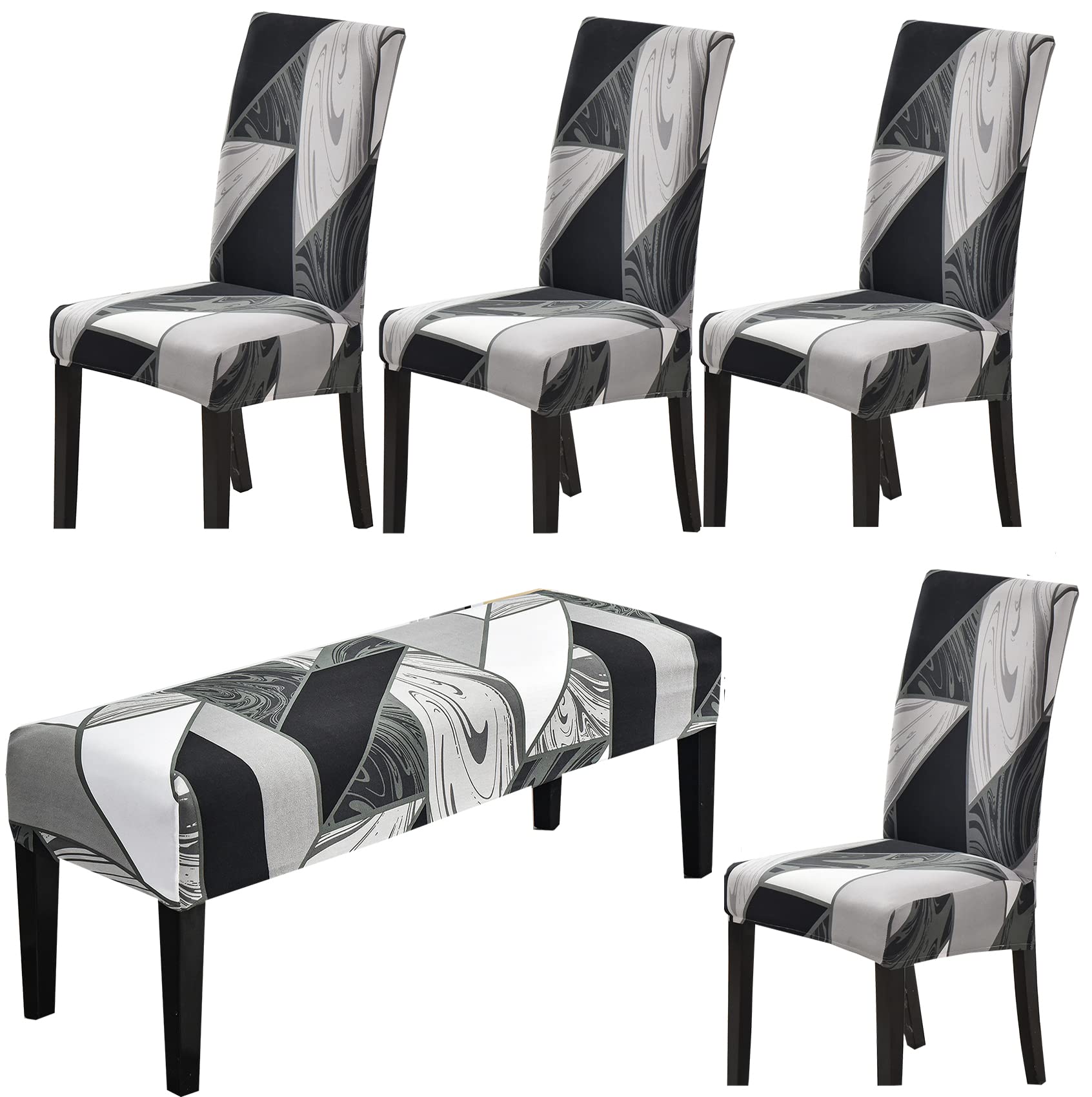 HAPPYDOG Stretch Dining Chair Covers Removable Washable Spandex Slipcovers for High Chairs 4PCS/Set+ 1 PCS Bench Cover (White G-B)-image-40