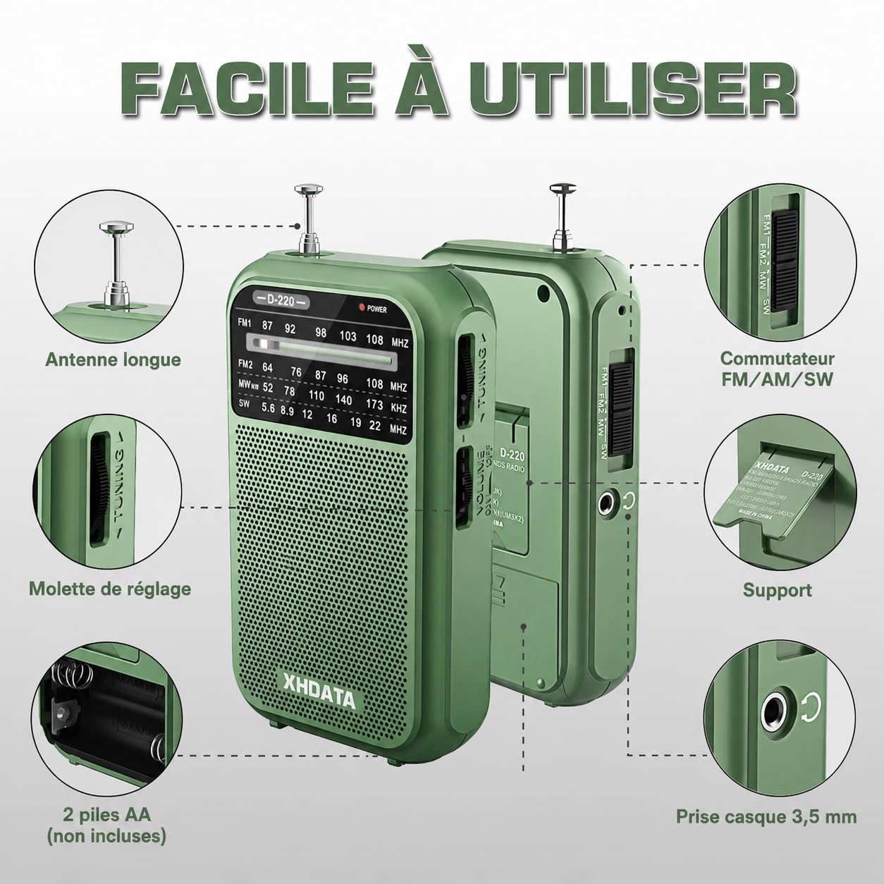 XHDATA D220 Radio Portable FM/AM/SW, Mini Radio à Piles Survie (AA) avec Réception Haute Performance, TransistorRadio pour Cadeau, Famille, Séniors(Vert)