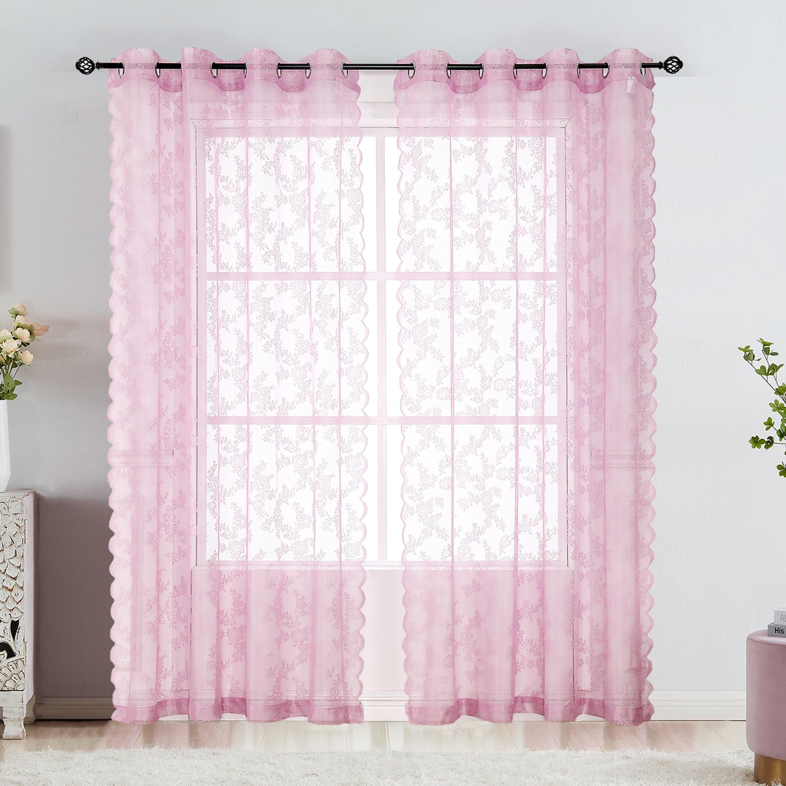 Lotusolution Pink Lace Curtains for Bedroom 95" Long Vintage French Floral Embroidery Sheer Voile Curtains Rose Lace Fabric Grommet Top Window Treatment Drapes for Bedroom Living Room, 55" w 2 Panels