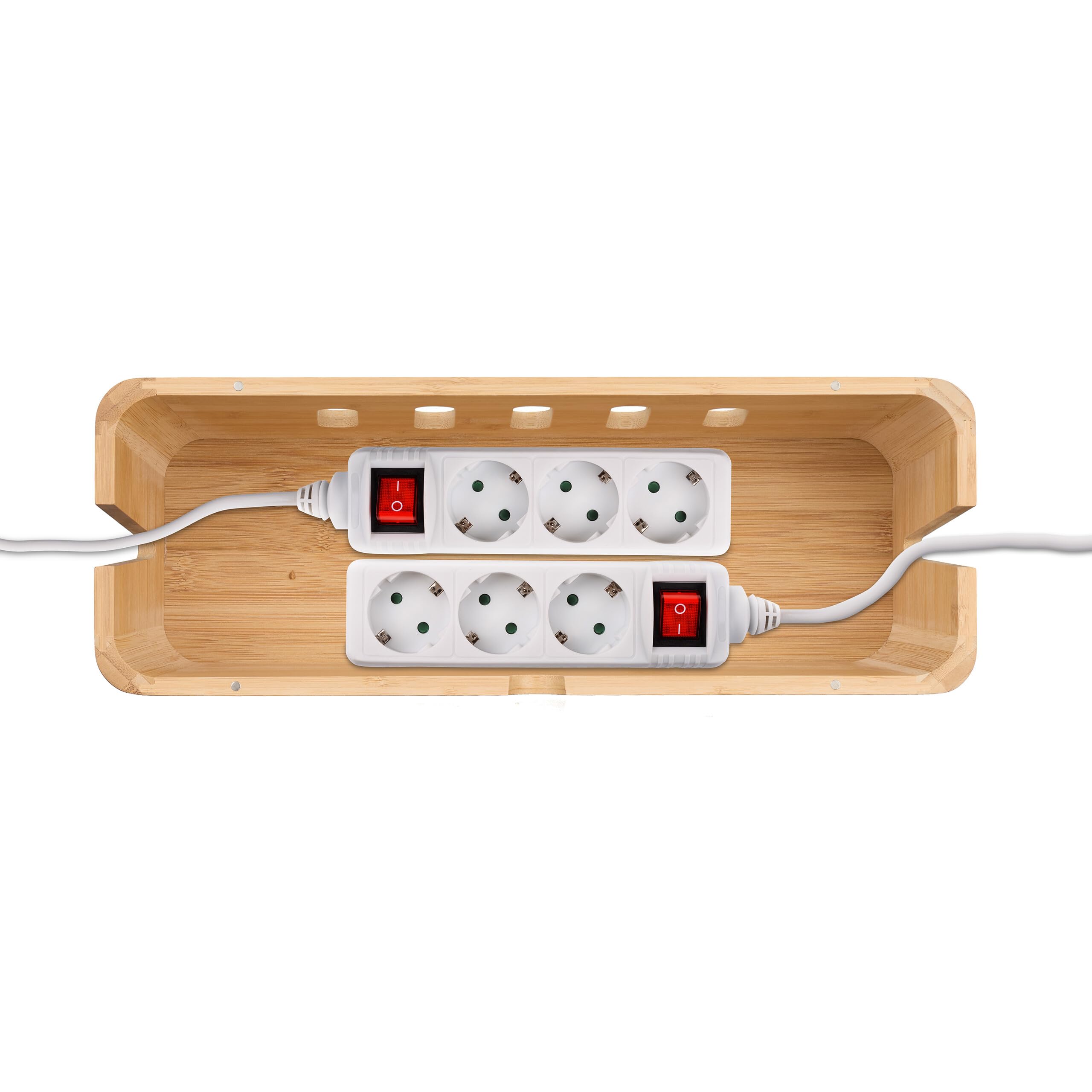 Relaxdays Scatola Porta Cavi da Scrivania, Nascondicavi per 2 Ciabatte, Cable Box HLP: 16,5x44x16 cm, in bambù, Naturale