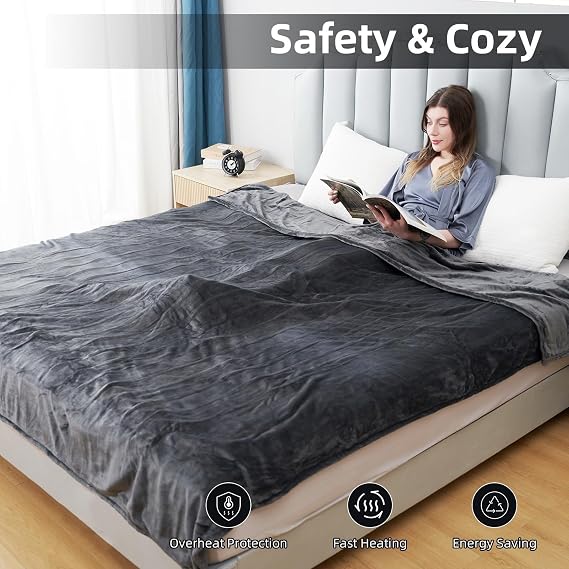 Eydna Electric Heated Blanket Throw Size 50x60, Fast Heating Throw, Soft Microplush for Sofa & Office, 9 Heating Levels & 1-10 Hours Auto Off, Machine Washable, Gifts for Family-Dark Gray
